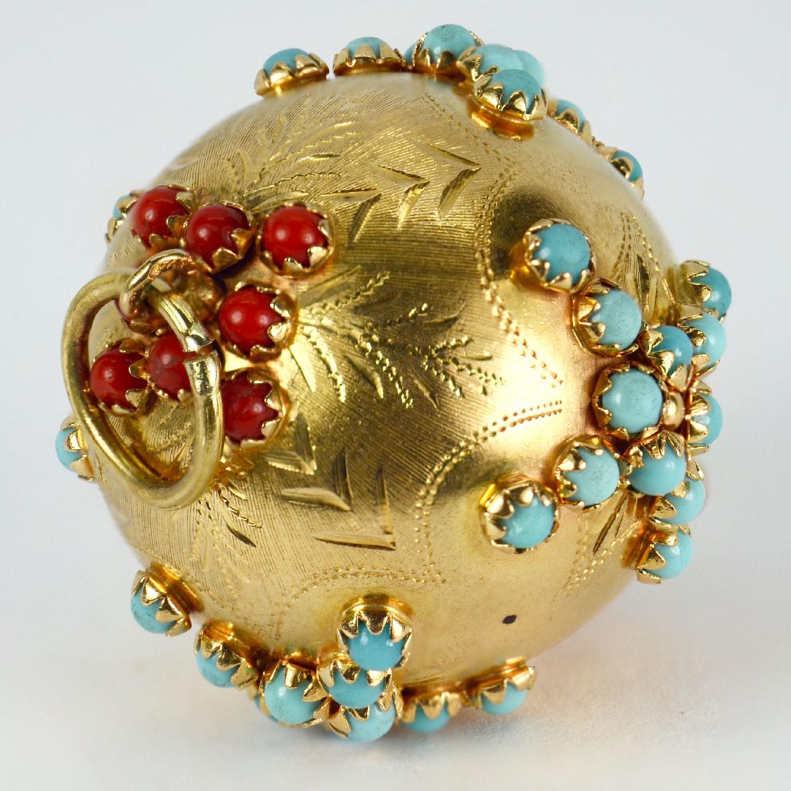 Large 18K Yellow Gold Coral Turquoise Sputnik Ball Charm Pendant In Good Condition In London, GB