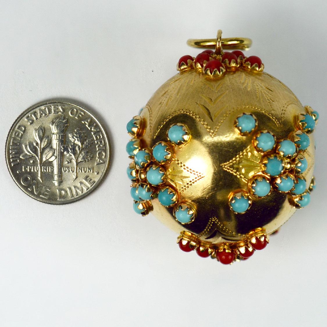 Large 18K Yellow Gold Coral Turquoise Sputnik Ball Charm Pendant 1