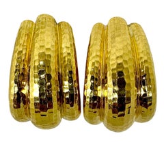 Large 18K Yellow Gold David Webb Hammered Gold Triple Fluted J Hoop Earrings