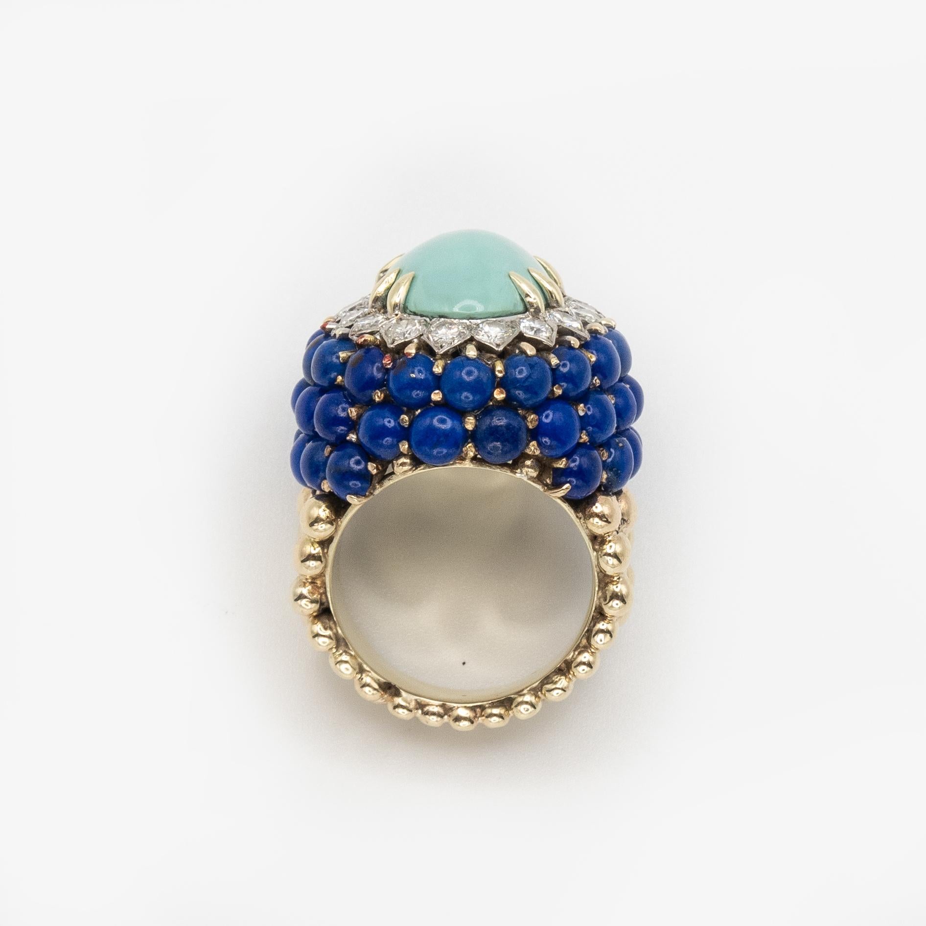 Moderne Bague cocktail vintage en or jaune 18K diamant turquoise lapis en vente
