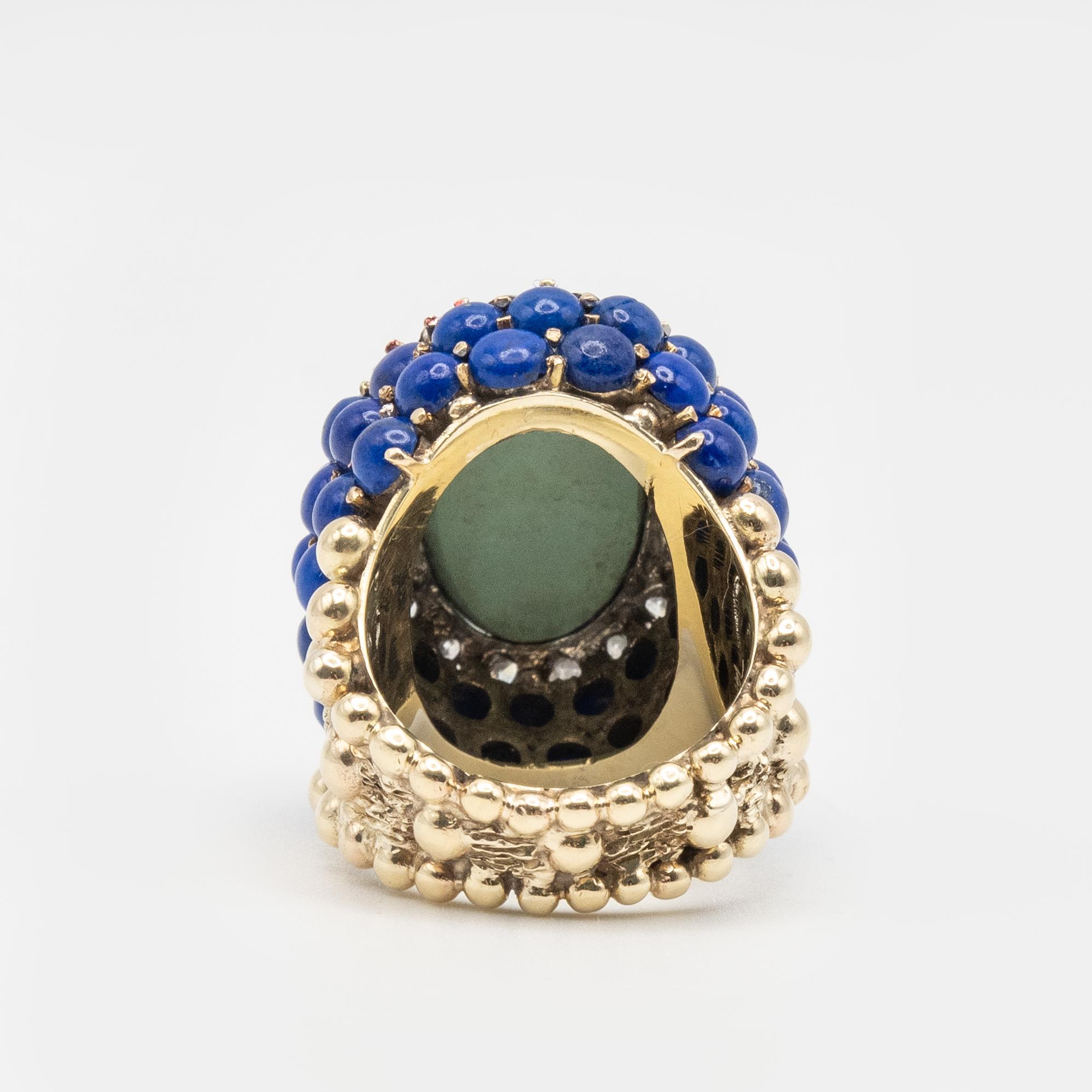 Taille cabochon Bague cocktail vintage en or jaune 18K diamant turquoise lapis en vente