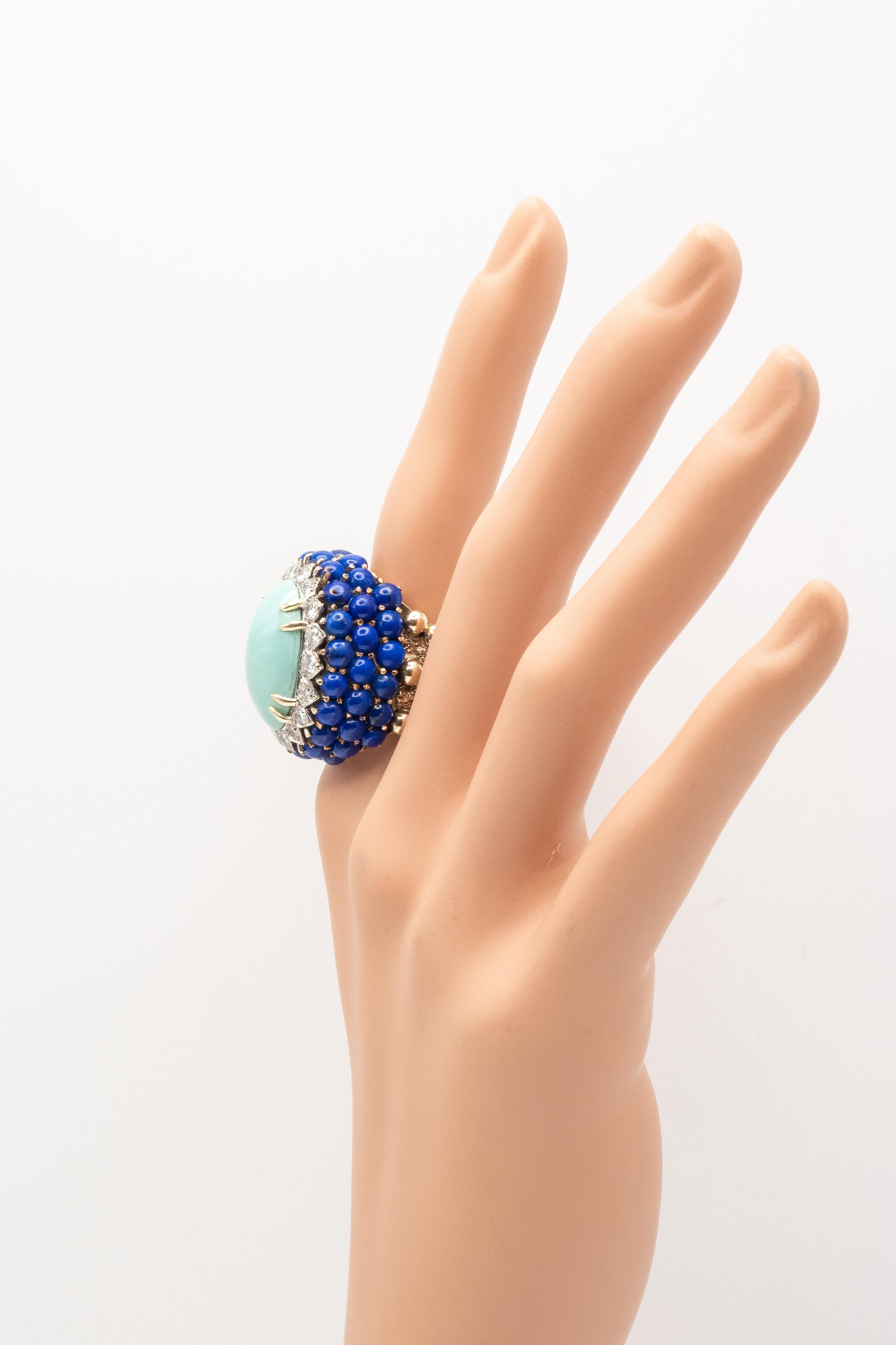 Bague cocktail vintage en or jaune 18K diamant turquoise lapis Unisexe en vente