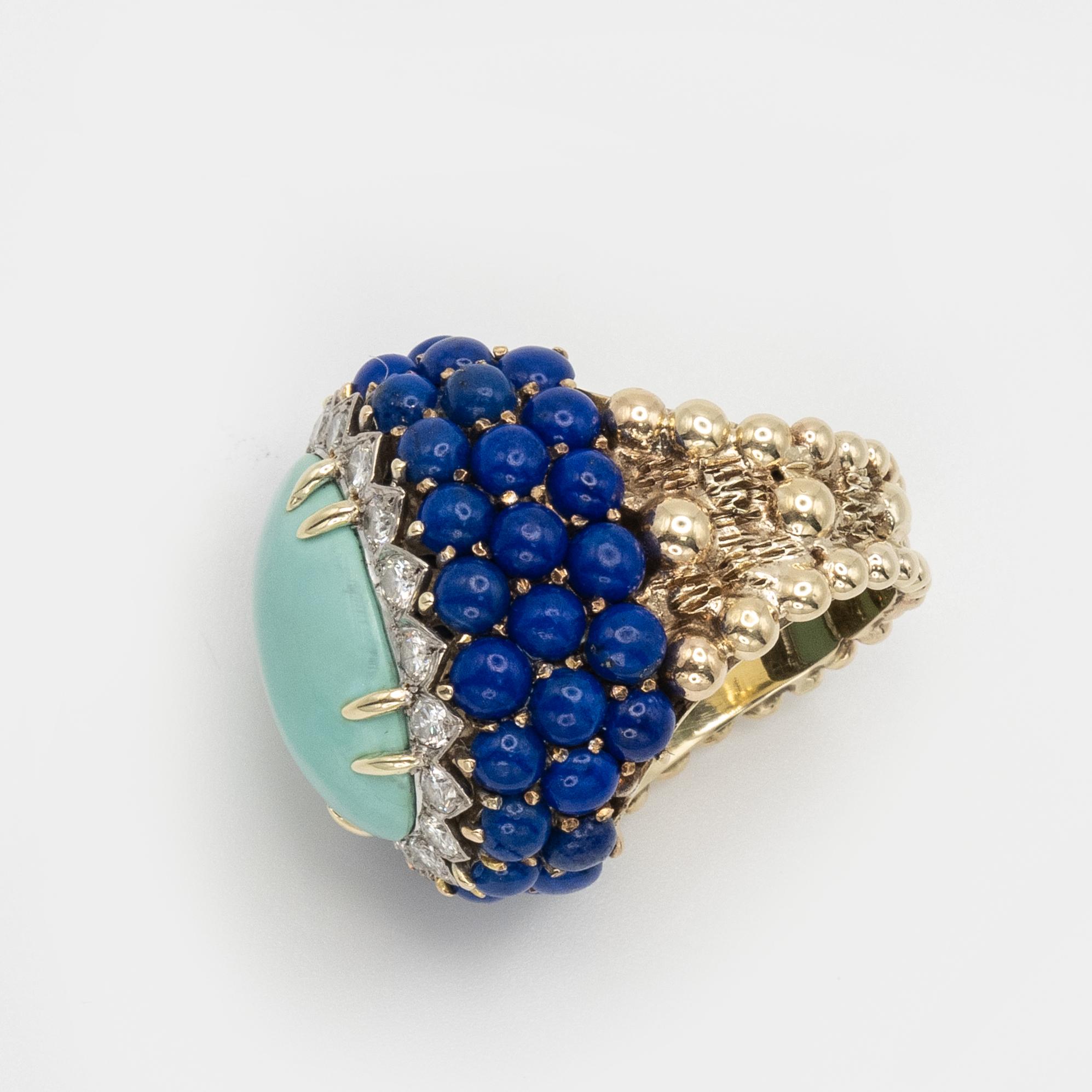 Bague cocktail vintage en or jaune 18K diamant turquoise lapis en vente 2