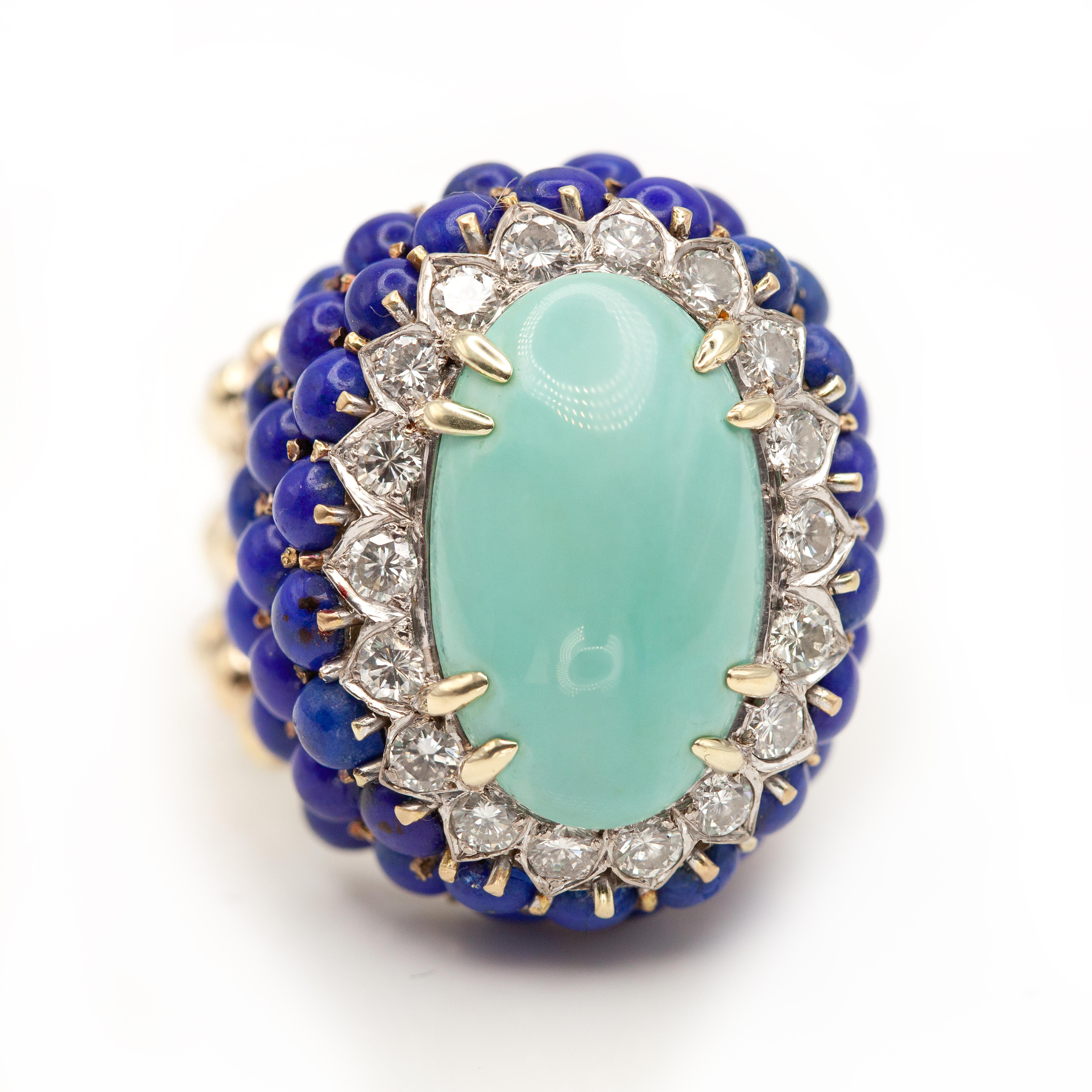 Bague cocktail vintage en or jaune 18K diamant turquoise lapis en vente 3
