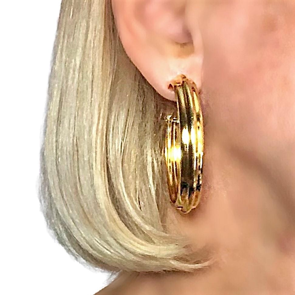 Large 18K Yellow Gold Fluted Hoop Earrings For Sale 3