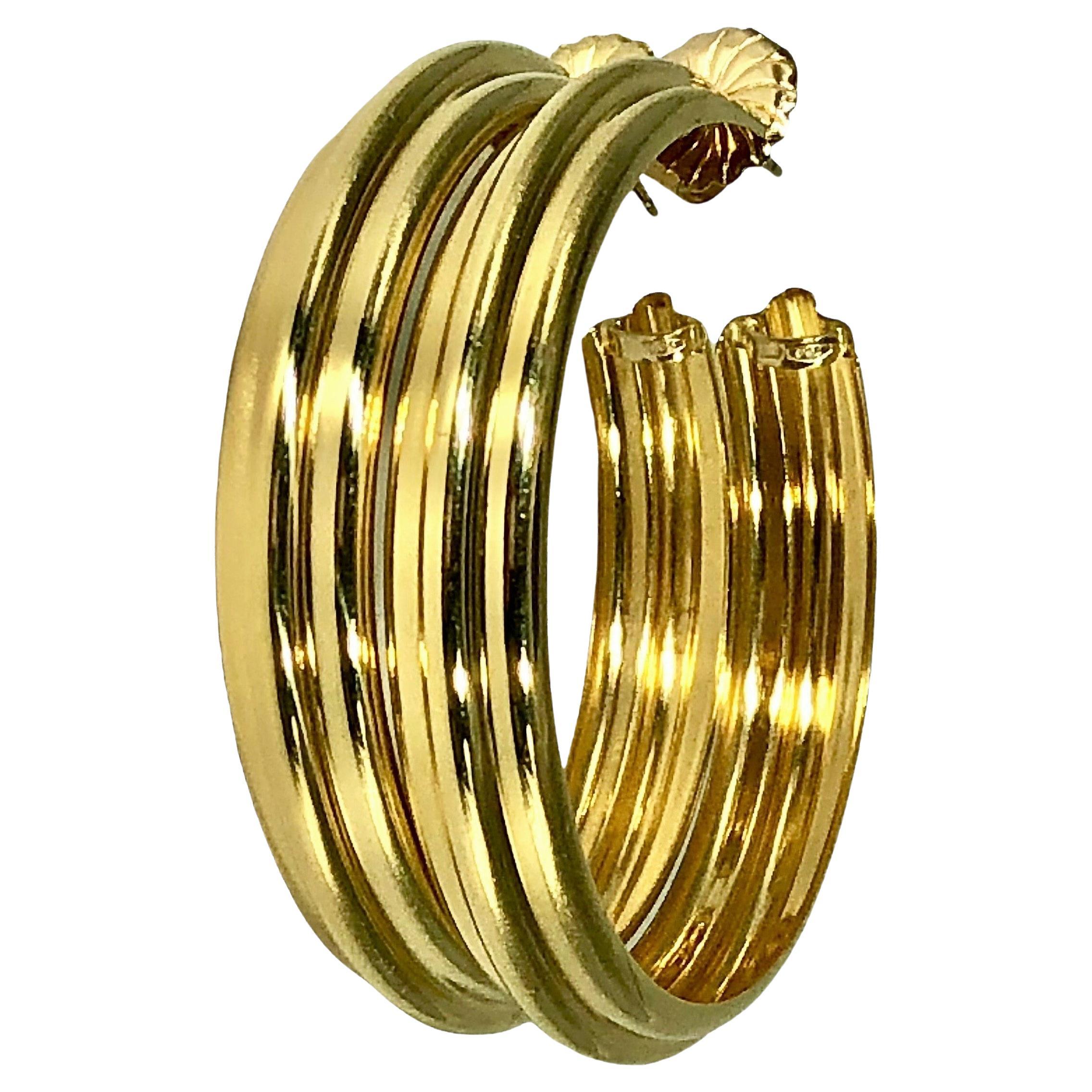 Large 18K Yellow Gold Fluted Hoop Earrings For Sale