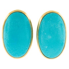 LARGE 18K Yellow Gold Gia Graded Elongated Oval Cabochon Bezel Set Turquoise Ome