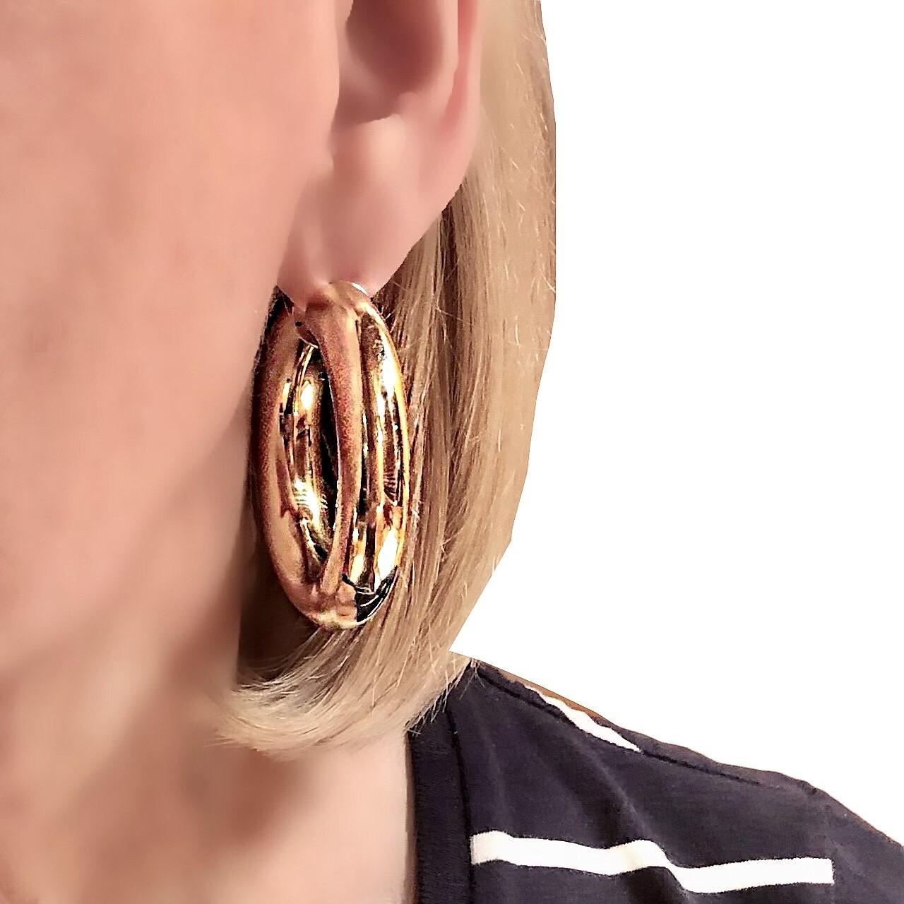 Large 18K Yellow Gold Italian Puffy Hoop Earrings 2