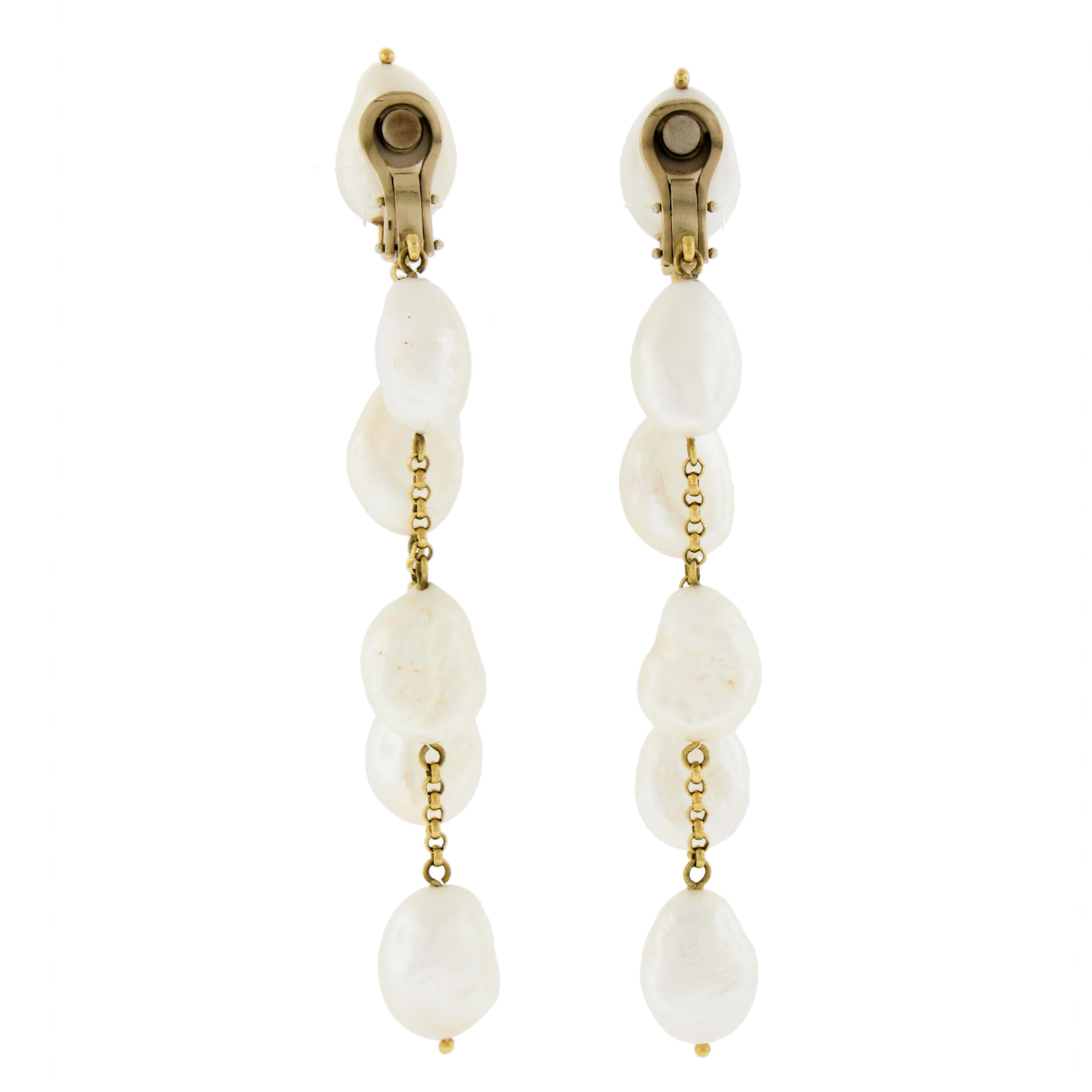 Round Cut Large 18k Yellow Gold Large Baroque Pearls Rolo Chain Dangle Clip on Earrings For Sale