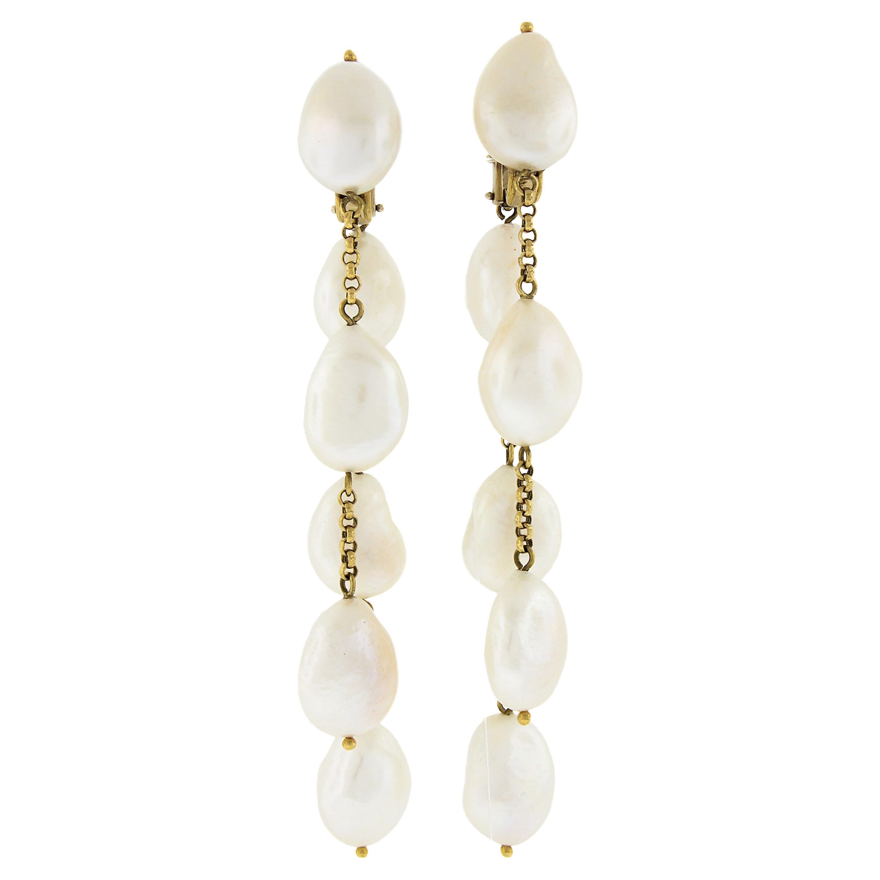 Large 18k Yellow Gold Large Baroque Pearls Rolo Chain Dangle Clip on Earrings For Sale