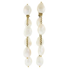 Large 18k Yellow Gold Large Baroque Pearls Rolo Chain Dangle Clip on Earrings