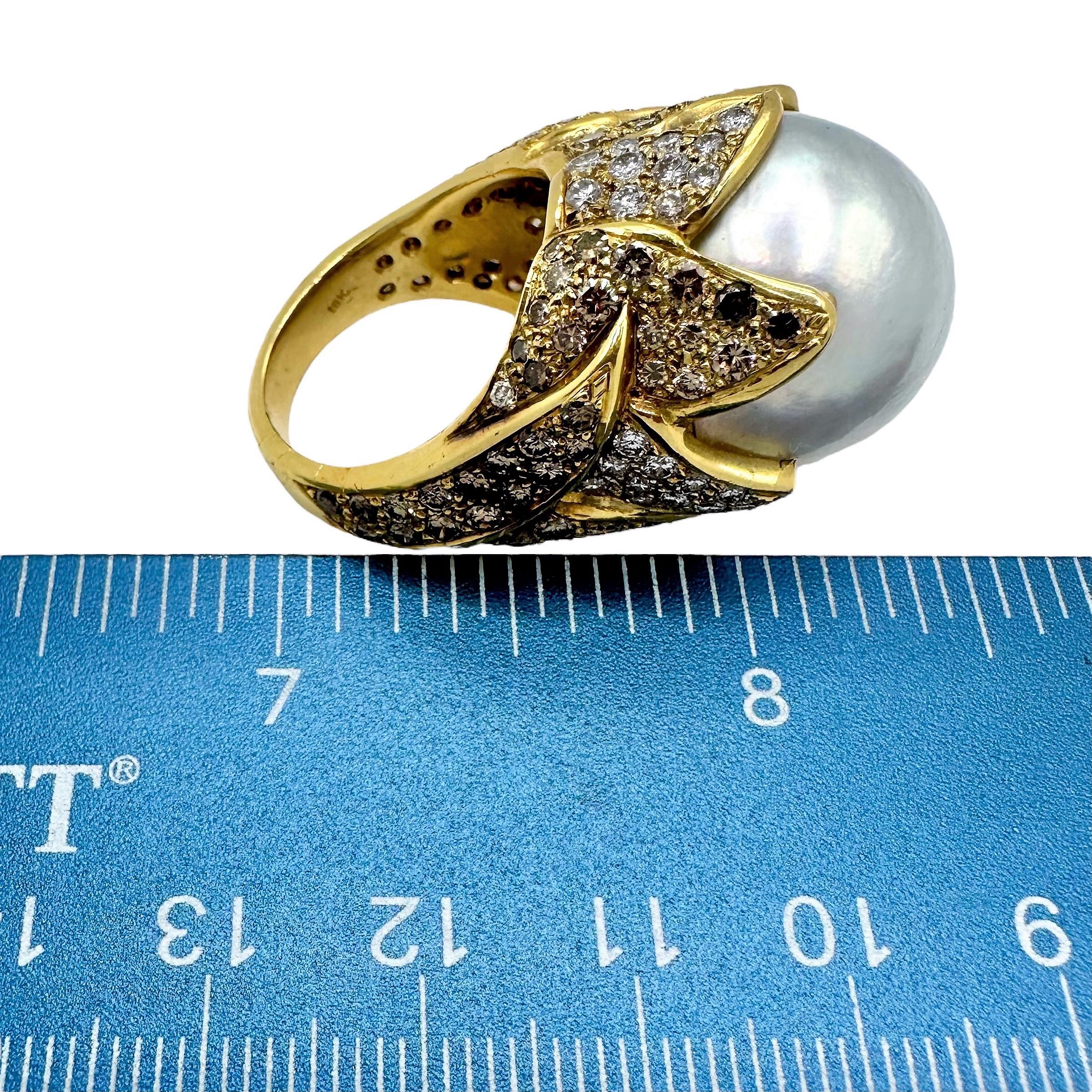 Large 18K Yellow Gold, South Sea Pearl Ring with Chocolate and White Diamonds For Sale 1