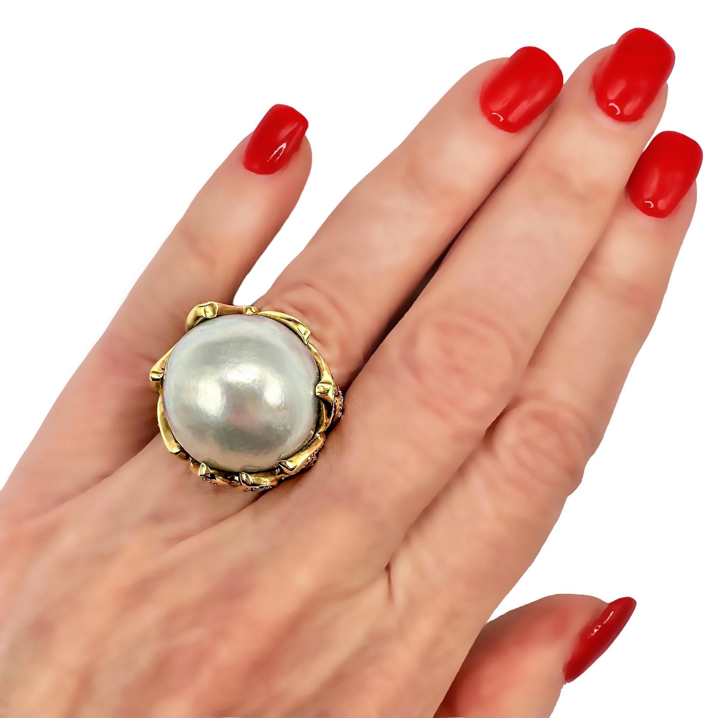 Large 18K Yellow Gold, South Sea Pearl Ring with Chocolate and White Diamonds For Sale 2