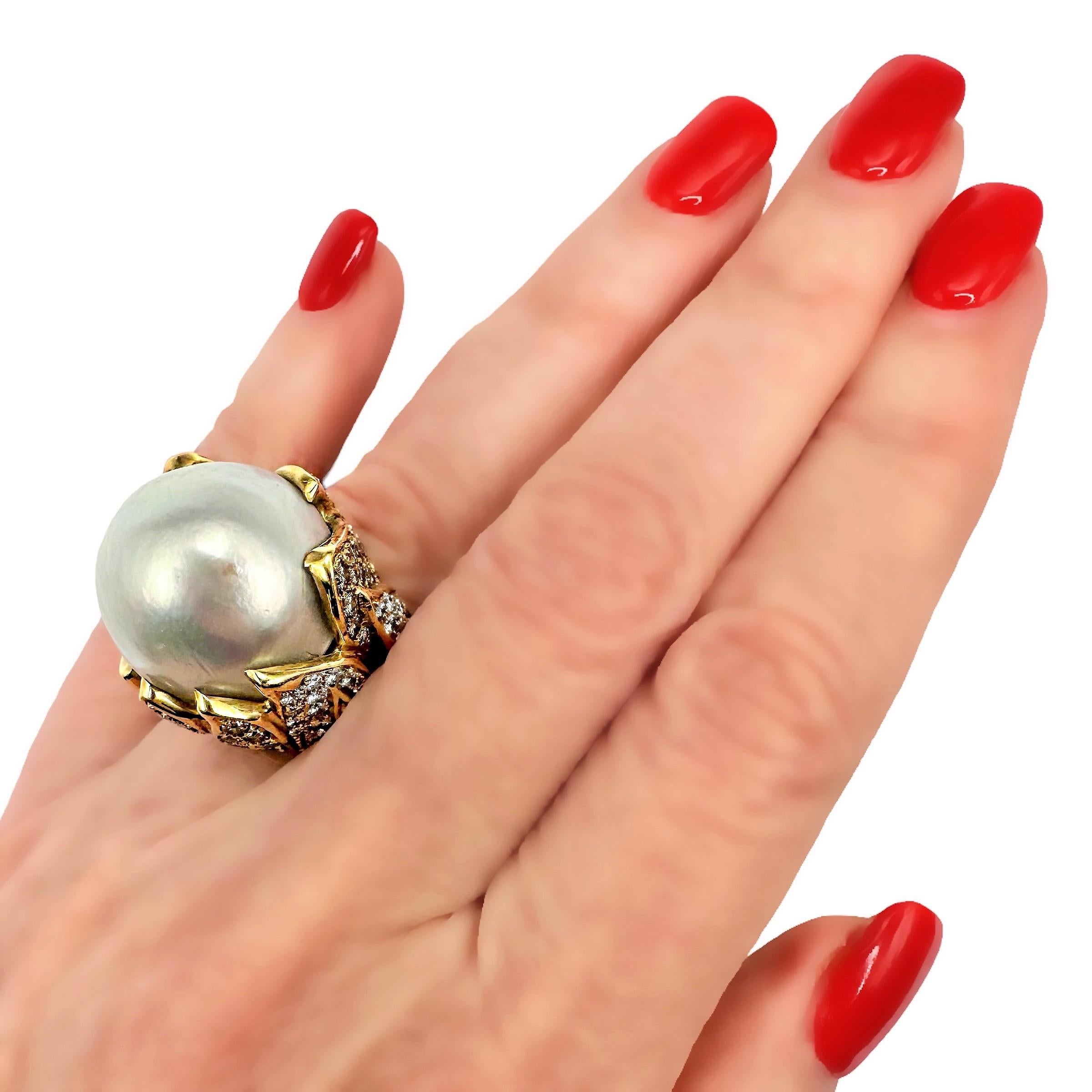 Large 18K Yellow Gold, South Sea Pearl Ring with Chocolate and White Diamonds For Sale 3