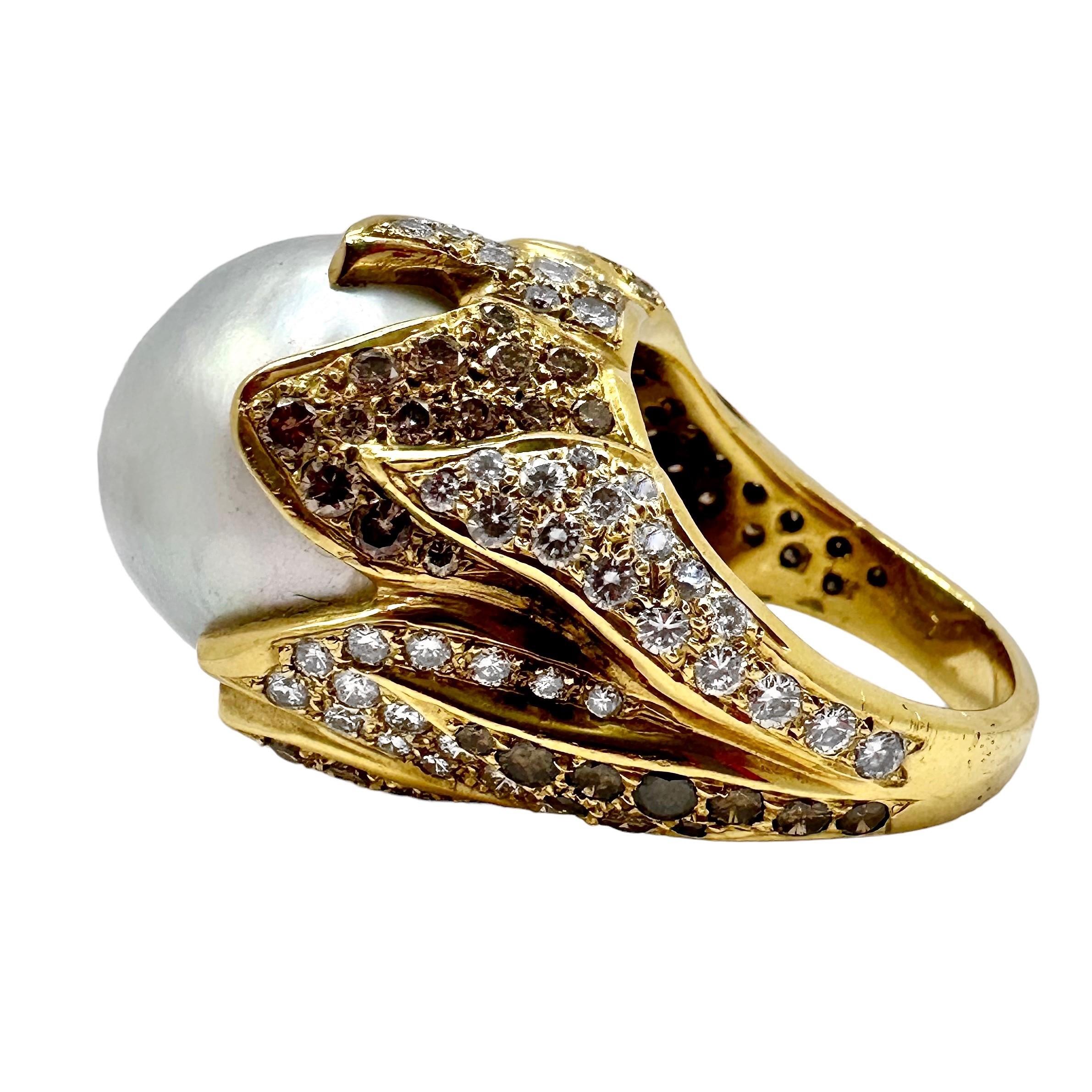 Modern Large 18K Yellow Gold, South Sea Pearl Ring with Chocolate and White Diamonds For Sale