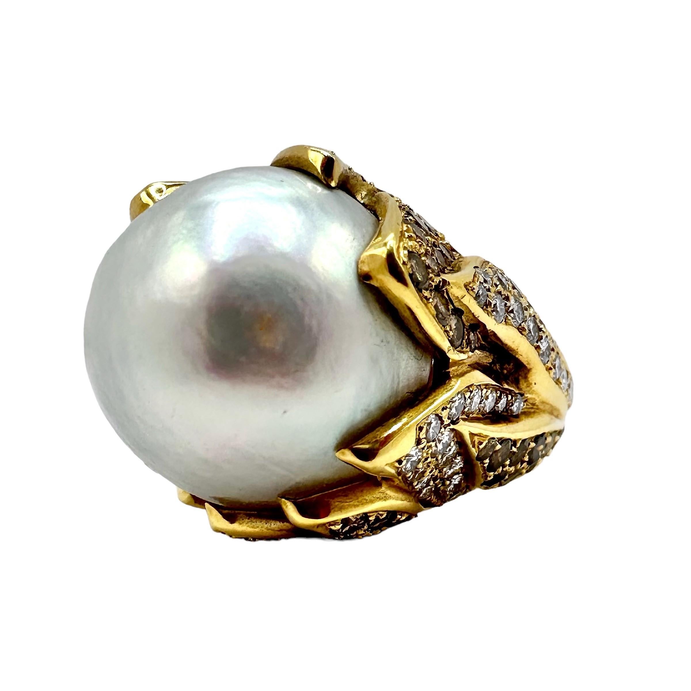 Brilliant Cut Large 18K Yellow Gold, South Sea Pearl Ring with Chocolate and White Diamonds For Sale