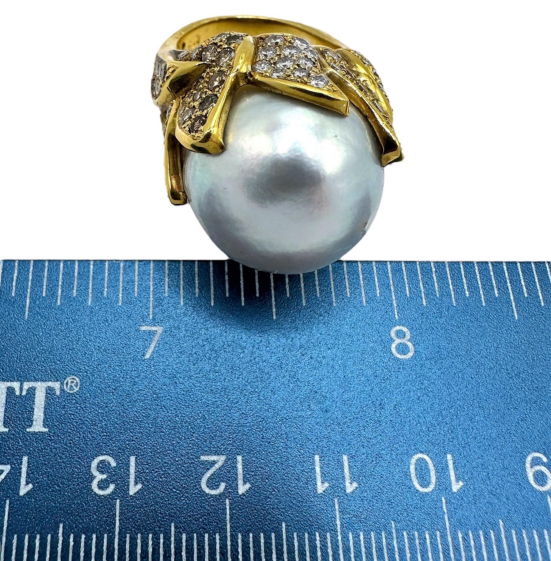 Women's Large 18K Yellow Gold, South Sea Pearl Ring with Chocolate and White Diamonds For Sale