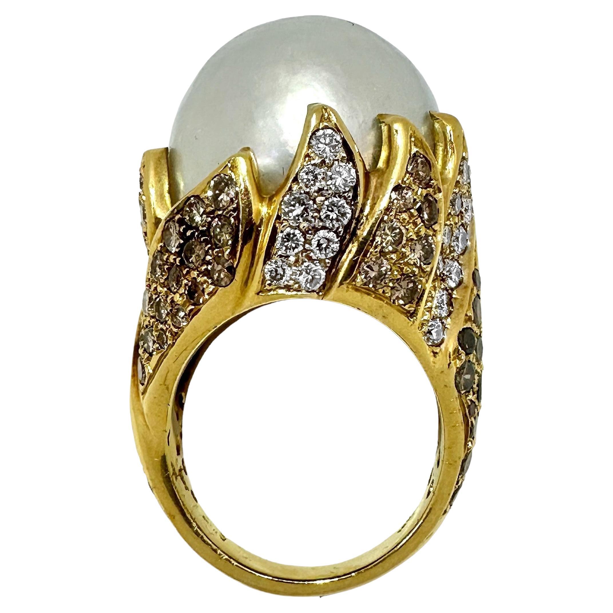 Large 18K Yellow Gold, South Sea Pearl Ring with Chocolate and White Diamonds For Sale