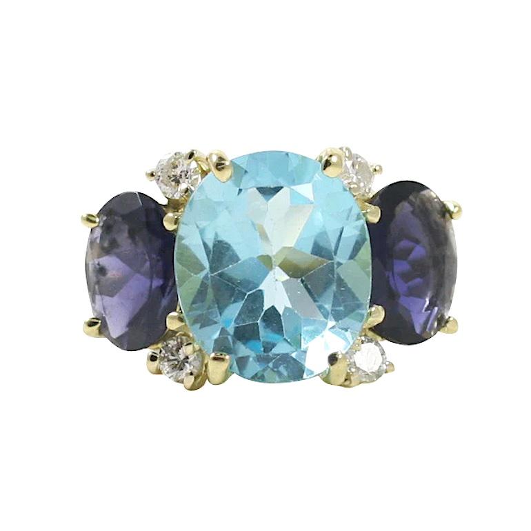 Large 18kt White Gold Gum Drop Ring with Blue Topaz and Iolite For Sale 1