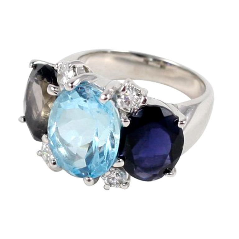 Large 18kt White Gold Gum Drop Ring with Blue Topaz and Iolite For Sale