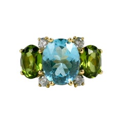 Large 18kt Yellow Gold Gum Drop Ring with Blue Topaz and Peridot