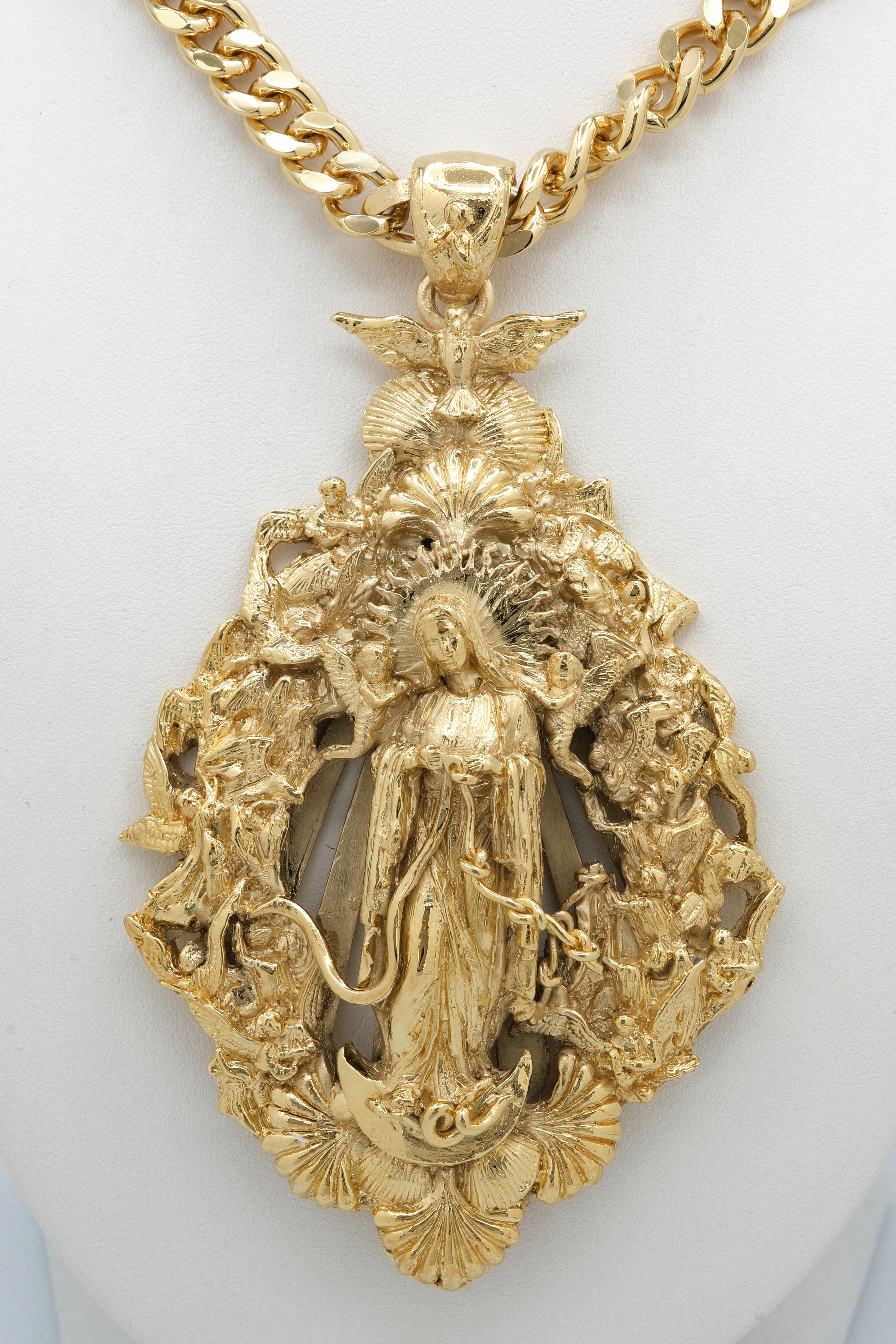 Baroque Revival  14kt Yellow Solid Gold Madonna Pendant 