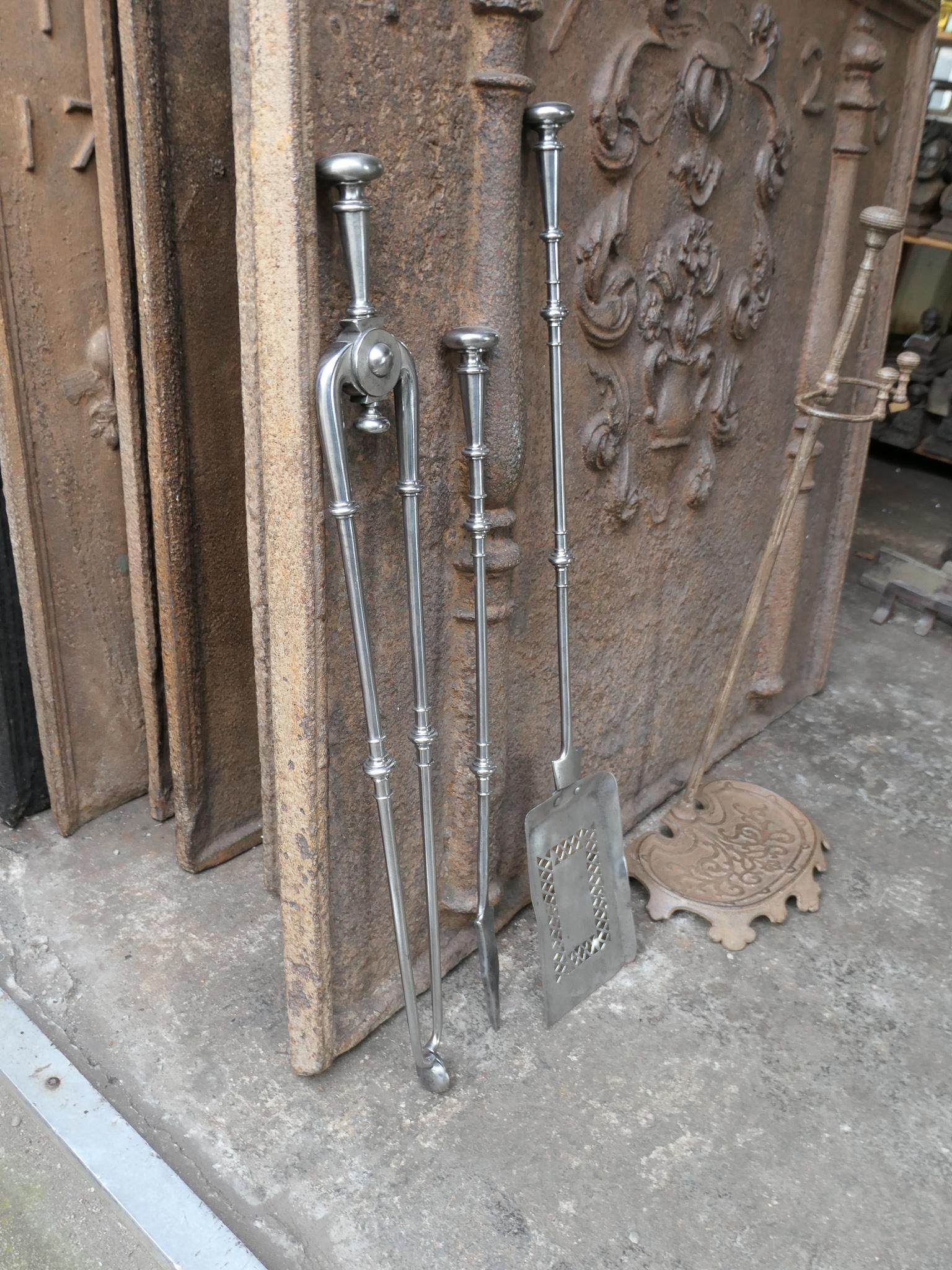 Large 18th - 19th C. English Georgian Polished Steel Fire Irons For Sale 7