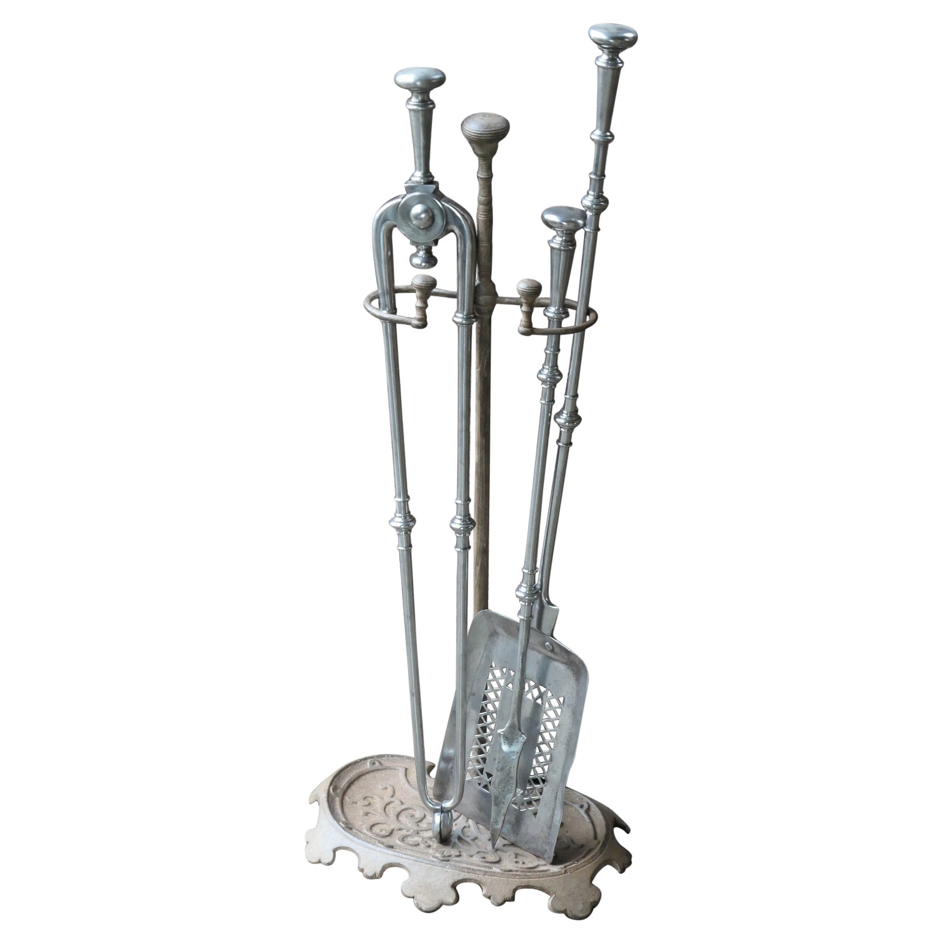 Large 18th - 19th C. English Georgian Polished Steel Fire Irons
