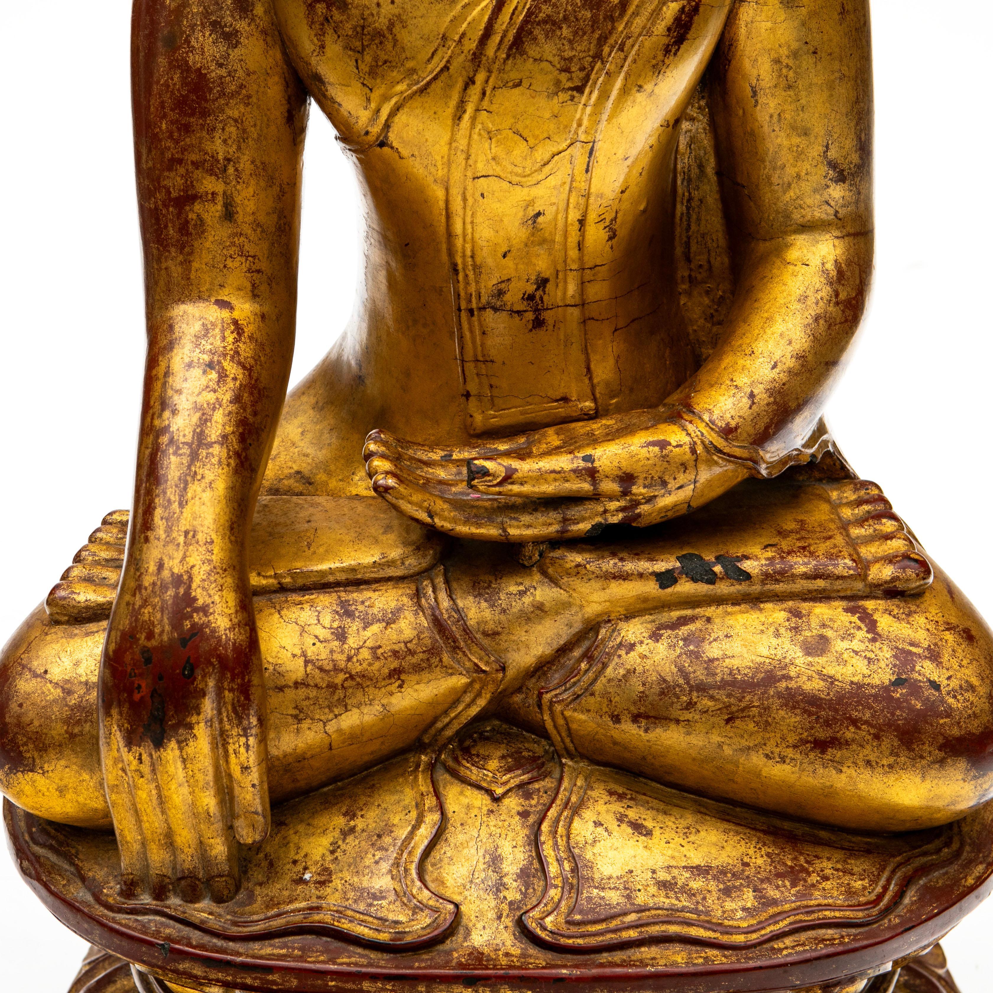 18th Century Large Impressive  Burmese Gilded Buddha Sculpture in Bhūmisparśa Mudrā . 32 kg For Sale