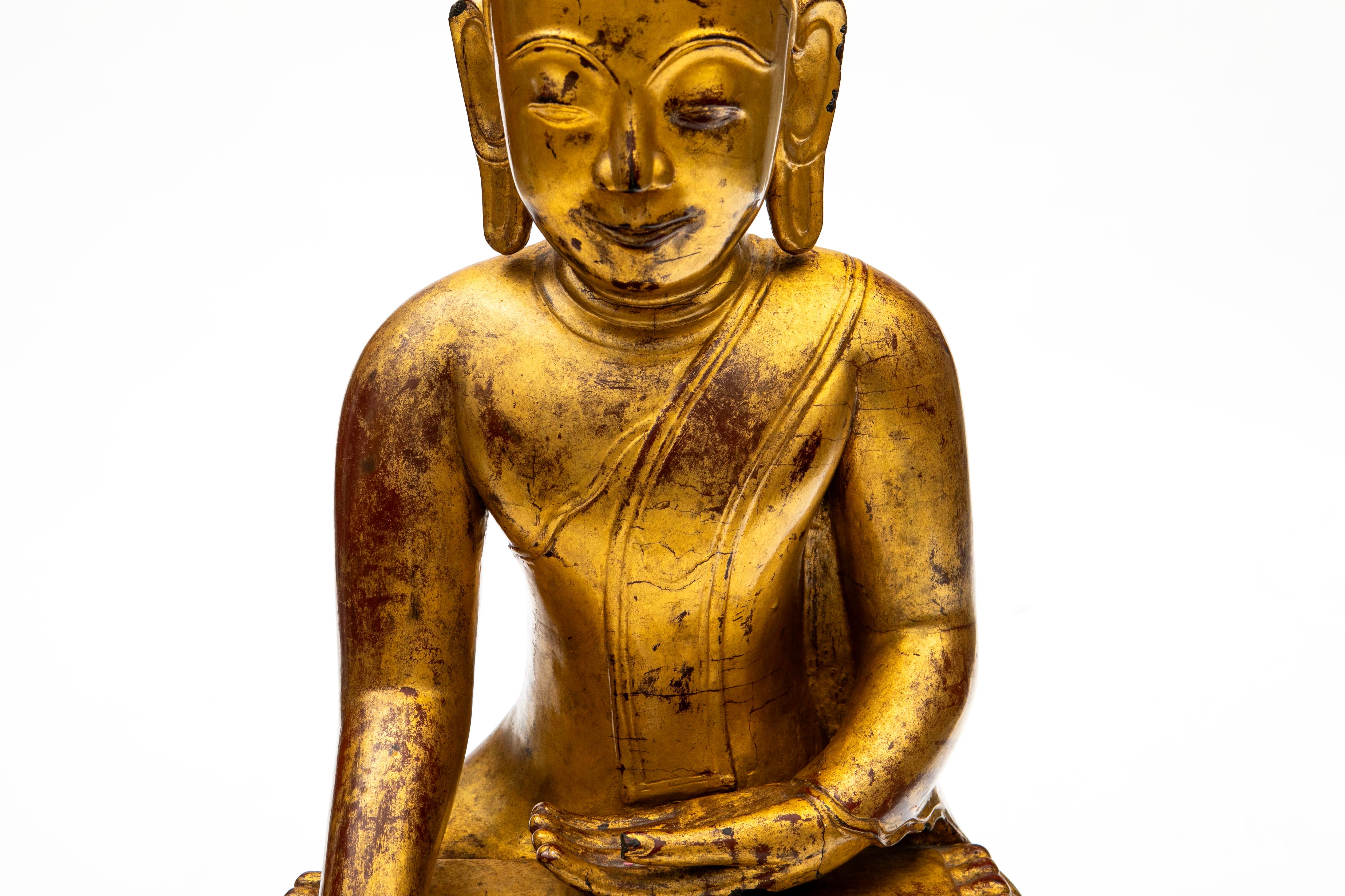 Hardwood Large Impressive  Burmese Gilded Buddha Sculpture in Bhūmisparśa Mudrā . 32 kg For Sale