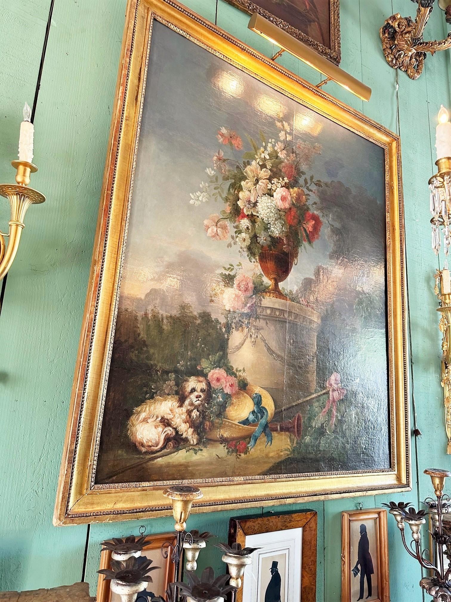 Grande peinture bucolique du 18ème siècle - Scène de jardin - Paysage - Fleurs de chien en vente 2