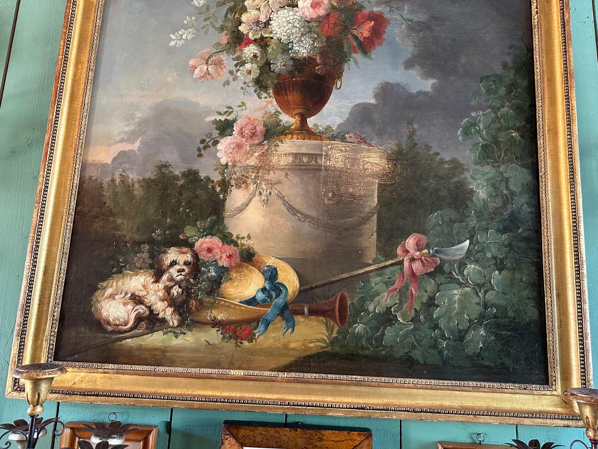 Large 18th C. Bucolic Painting Garden Nature Scene Landscape Dog Flowers Antique For Sale 10