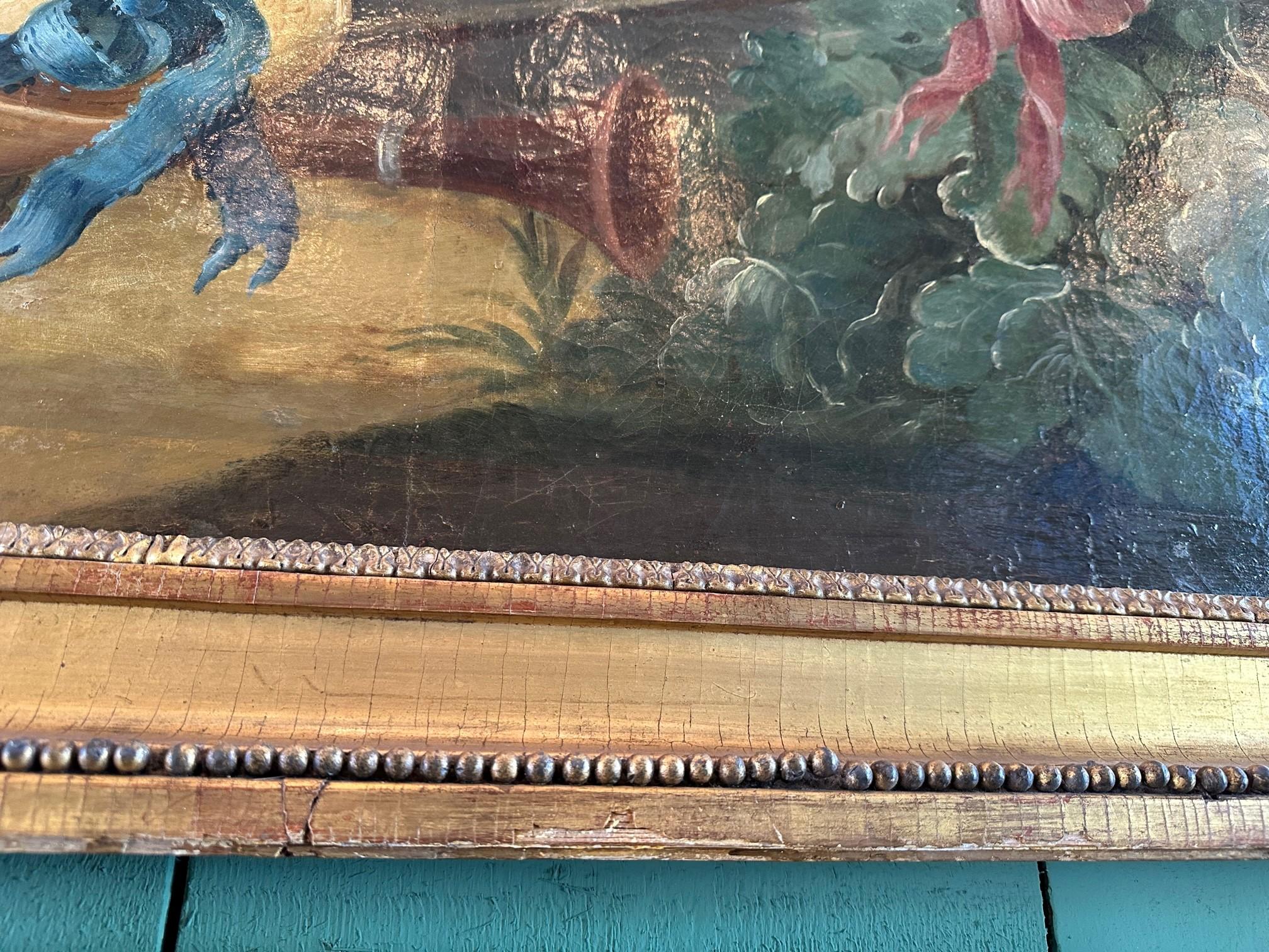 Grande peinture bucolique du 18ème siècle - Scène de jardin - Paysage - Fleurs de chien en vente 11