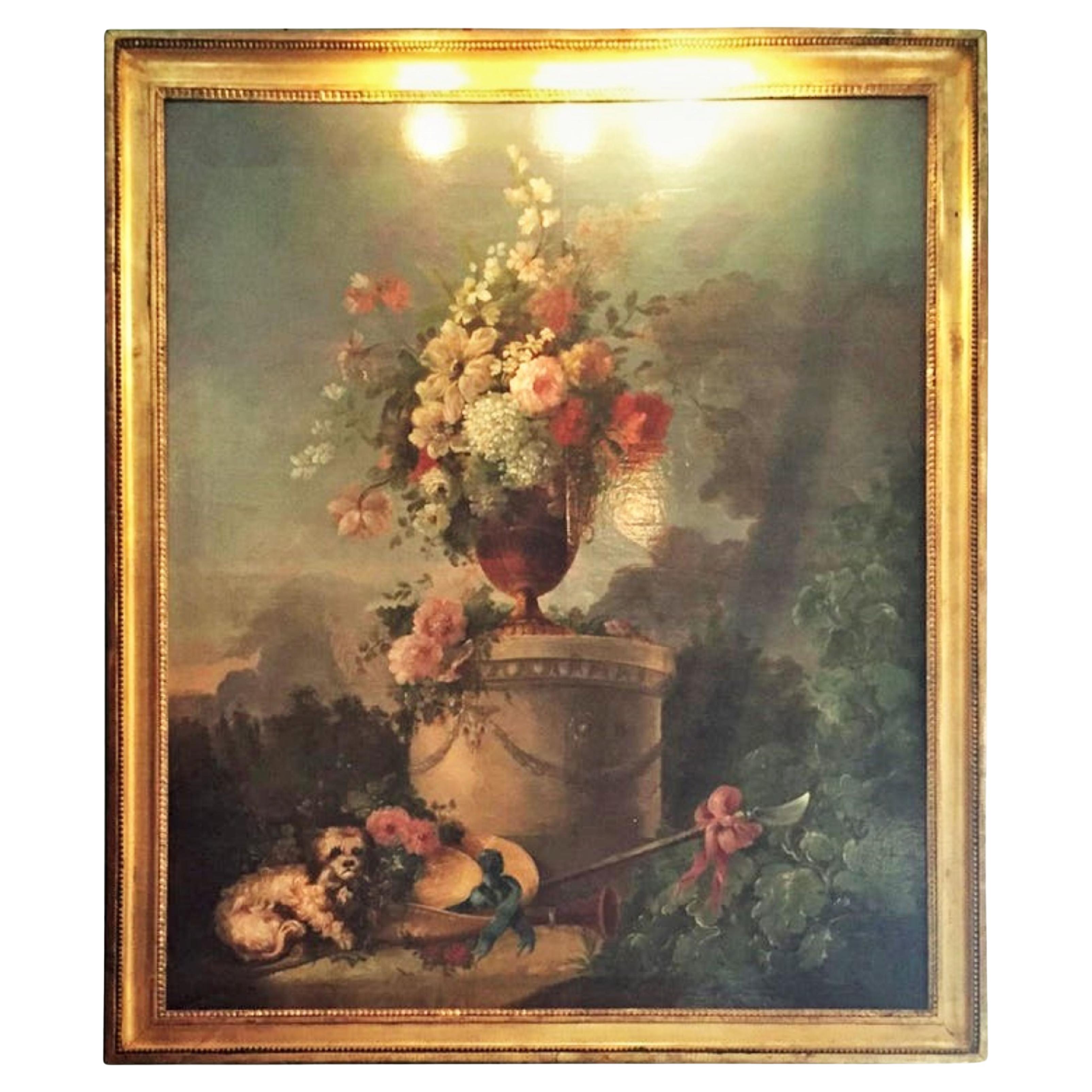 Belle peinture bucolique du XVIIIe siècle, dans l'esprit de Jean-Honoré Fragonard, représentant une belle scène de jardin. Avec une large palette de couleurs allant du bleu au rose, au rouge et au vert. Le chien est assis près d'un chapeau orné de