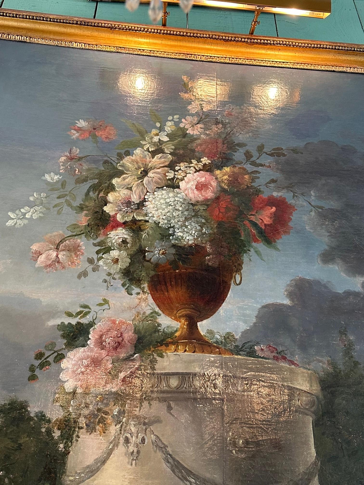 Grande peinture bucolique du 18ème siècle - Scène de jardin - Paysage - Fleurs de chien en vente 1