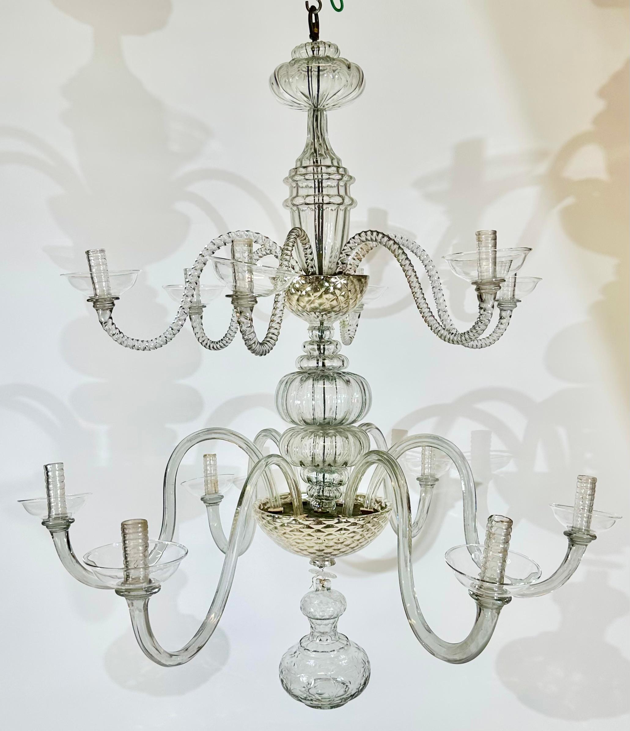 This is large chandelier of this type with its candlers on two levels. This type of chandeliers were made in several countries during the 18th c. This one is probably English but could also be mideuropean. There are very similar chandeliers depicted
