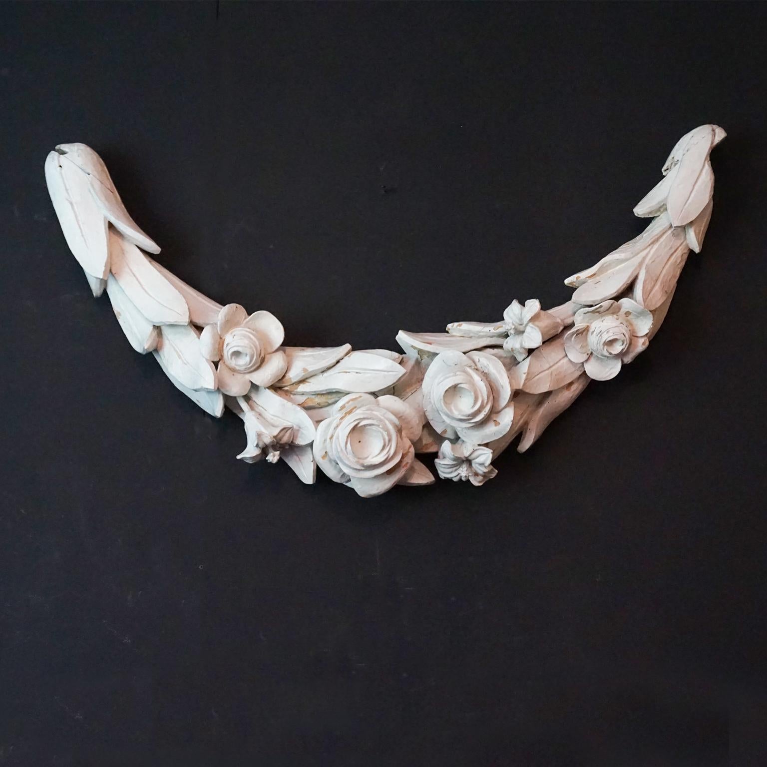 18th Century and Earlier Large 18th C French Baroque Hand Carved Basswood White Painted Flower Guirlande