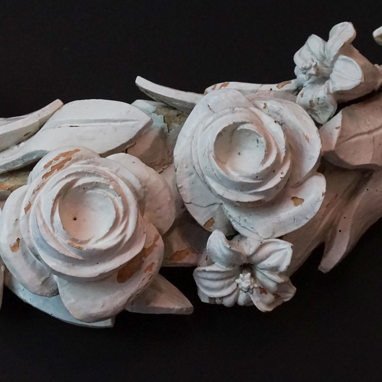 Wood Large 18th C French Baroque Hand Carved Basswood White Painted Flower Guirlande
