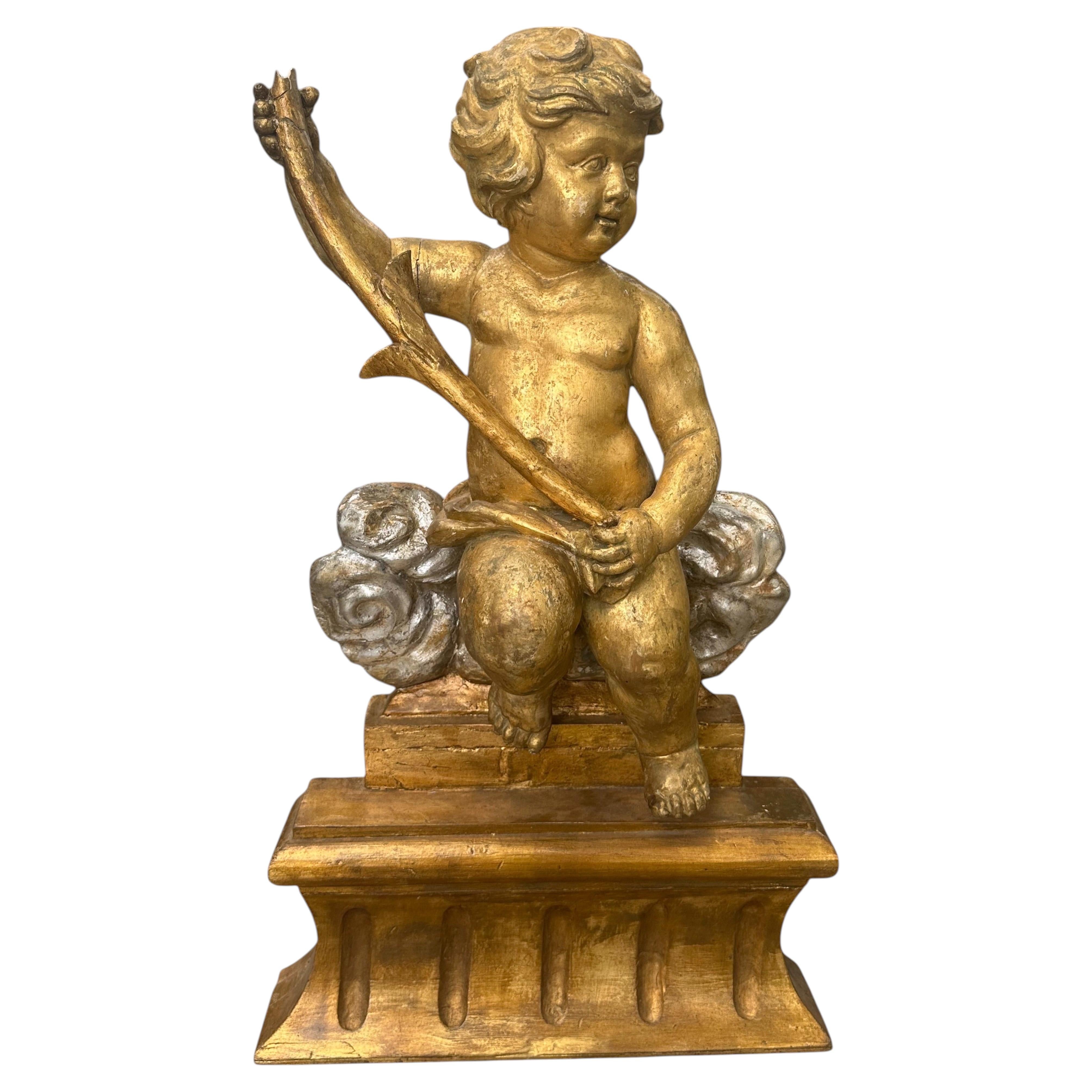 Large 18th C. Italian Baroque Carved, Gilded, Silvered Wood Putto Figure Seated.