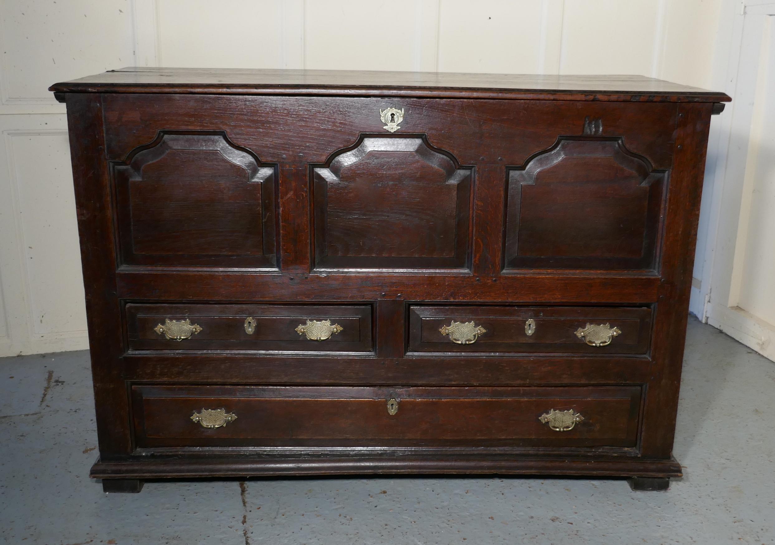 Large 18th Century 3 Drawer Mule Chest  

This is a fine looking piece, dating from the mid 18th century
The Coffer has a 3 plank hinged top, over a panelled front decoration, beneath this it has 2 short over one long drawer in the centre
Inside the