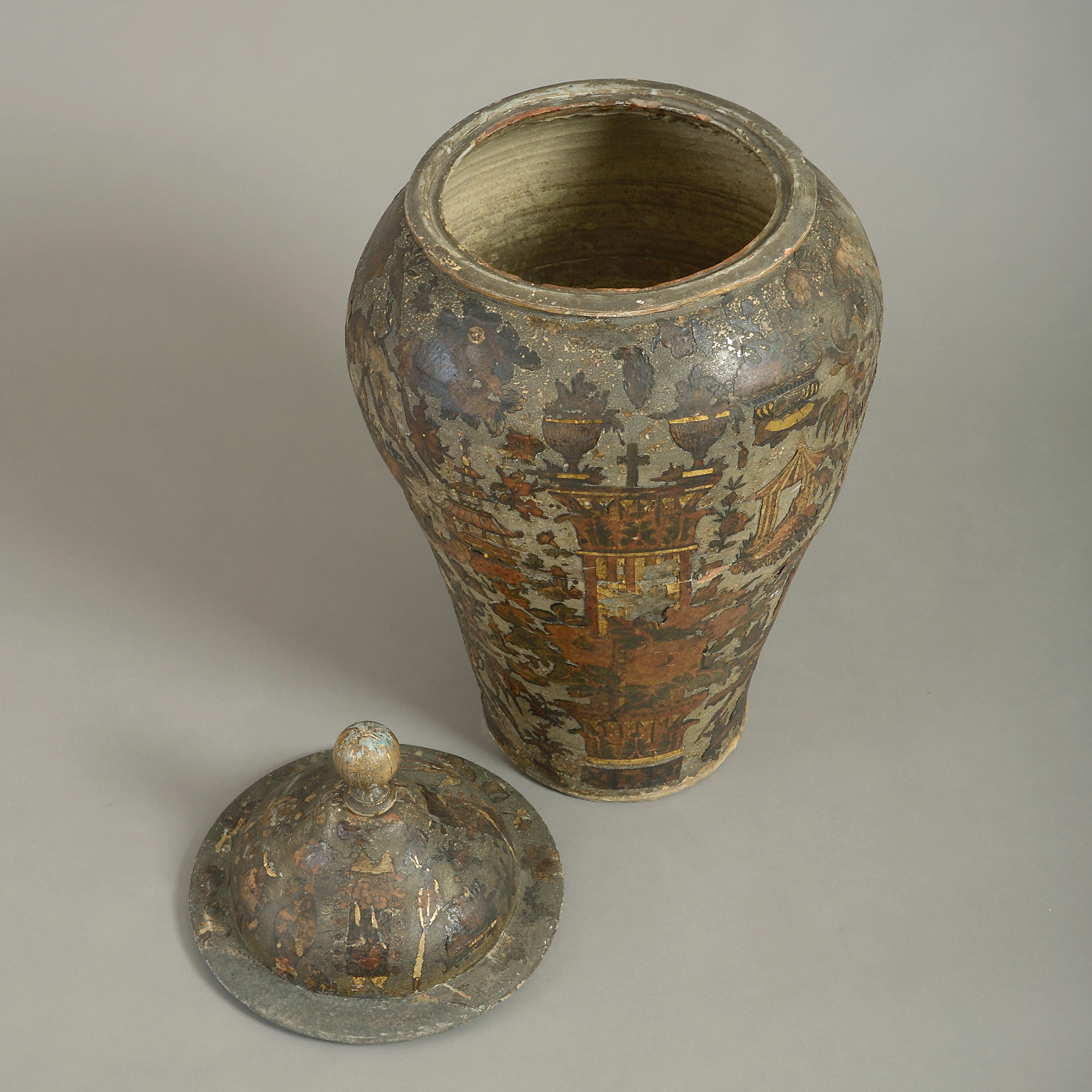 Italian Large 18th Century Arte Povera Ceramic Vase and Cover