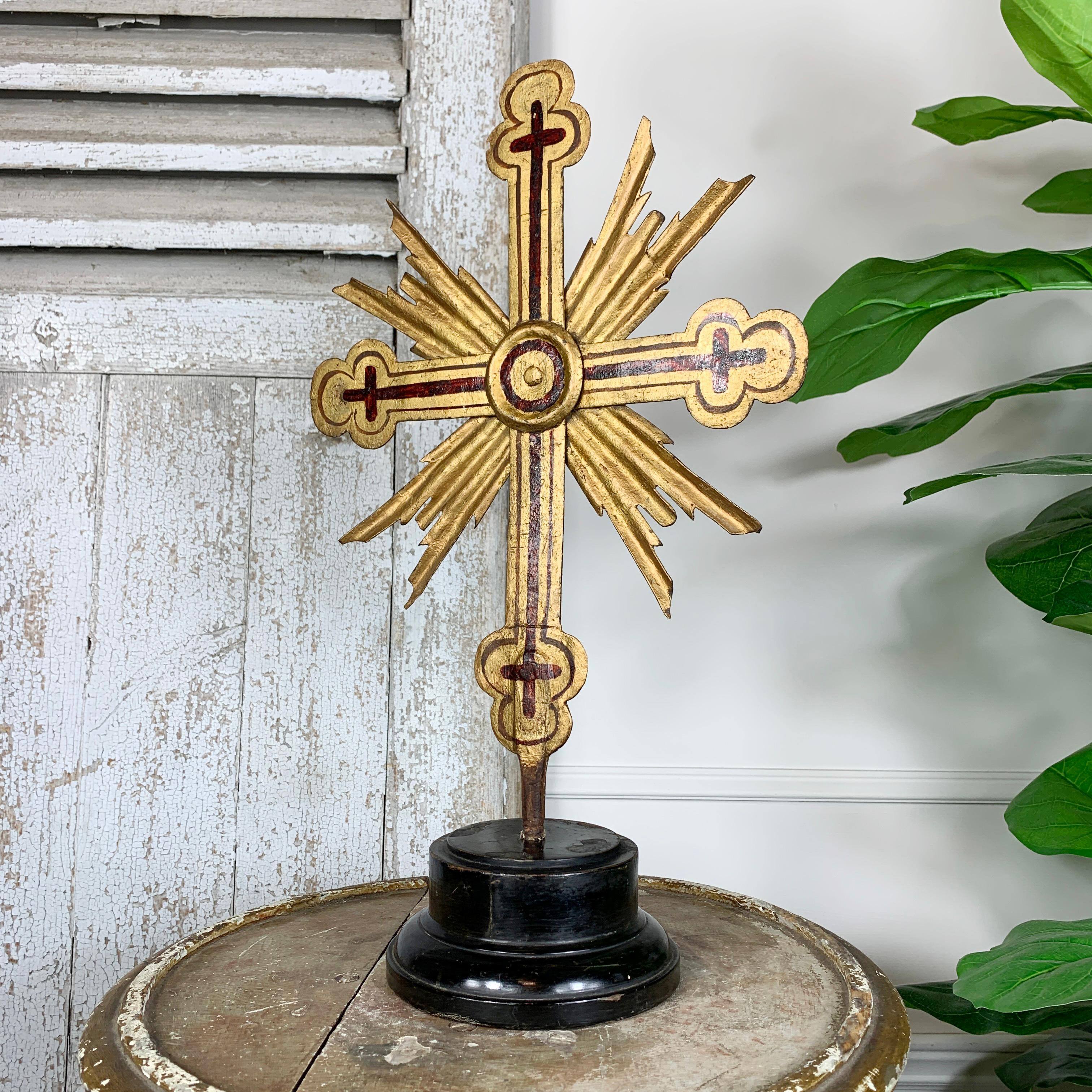A large gilt iron 18th century baroque processional cross, German. This spectacular cross would traditionally be carried in outdoor processions, these are known as cross processions and would be preceded by a large processional lantern and often a