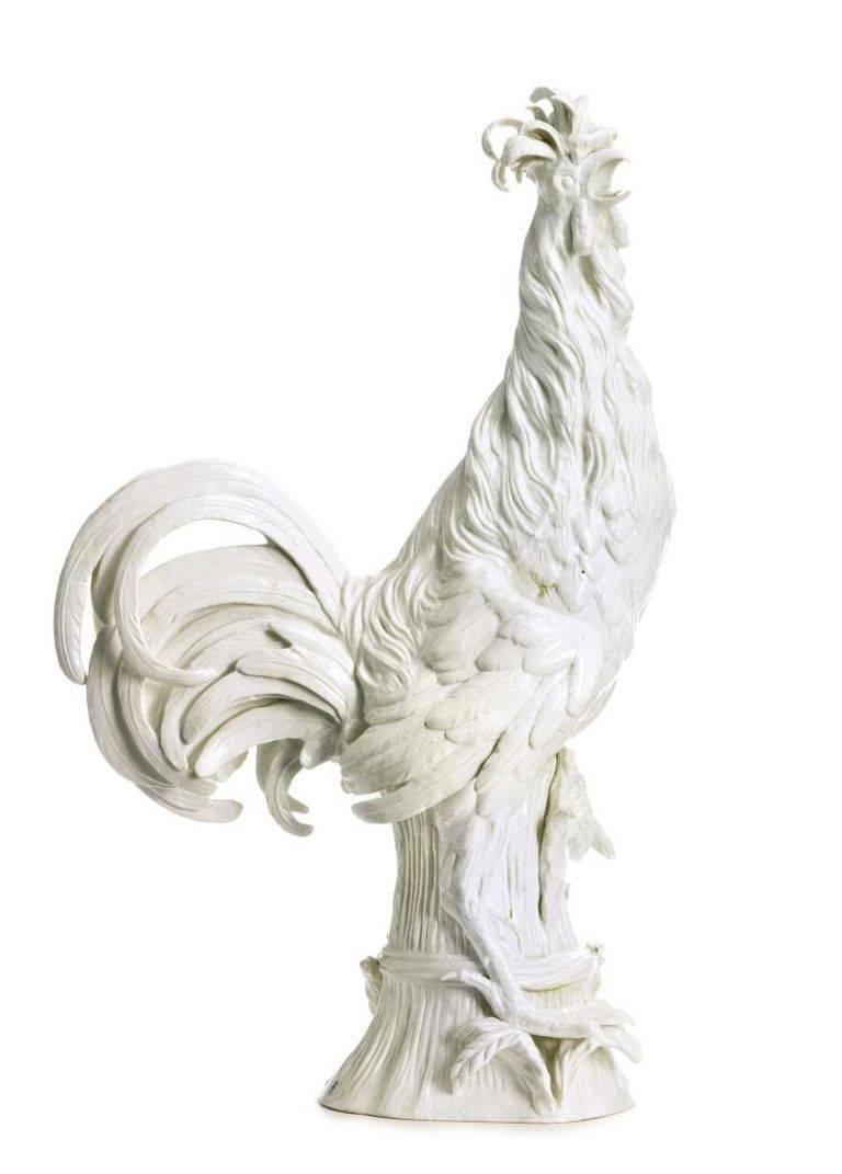 Large porcelain Padua rooster perched atop a stylized sheaf of wheat as originally modeled by Johann Joachim Kandler from Meissen, made at the Royal Factory of Ferdinand in Naples, Italy (1790-1799). 27.5