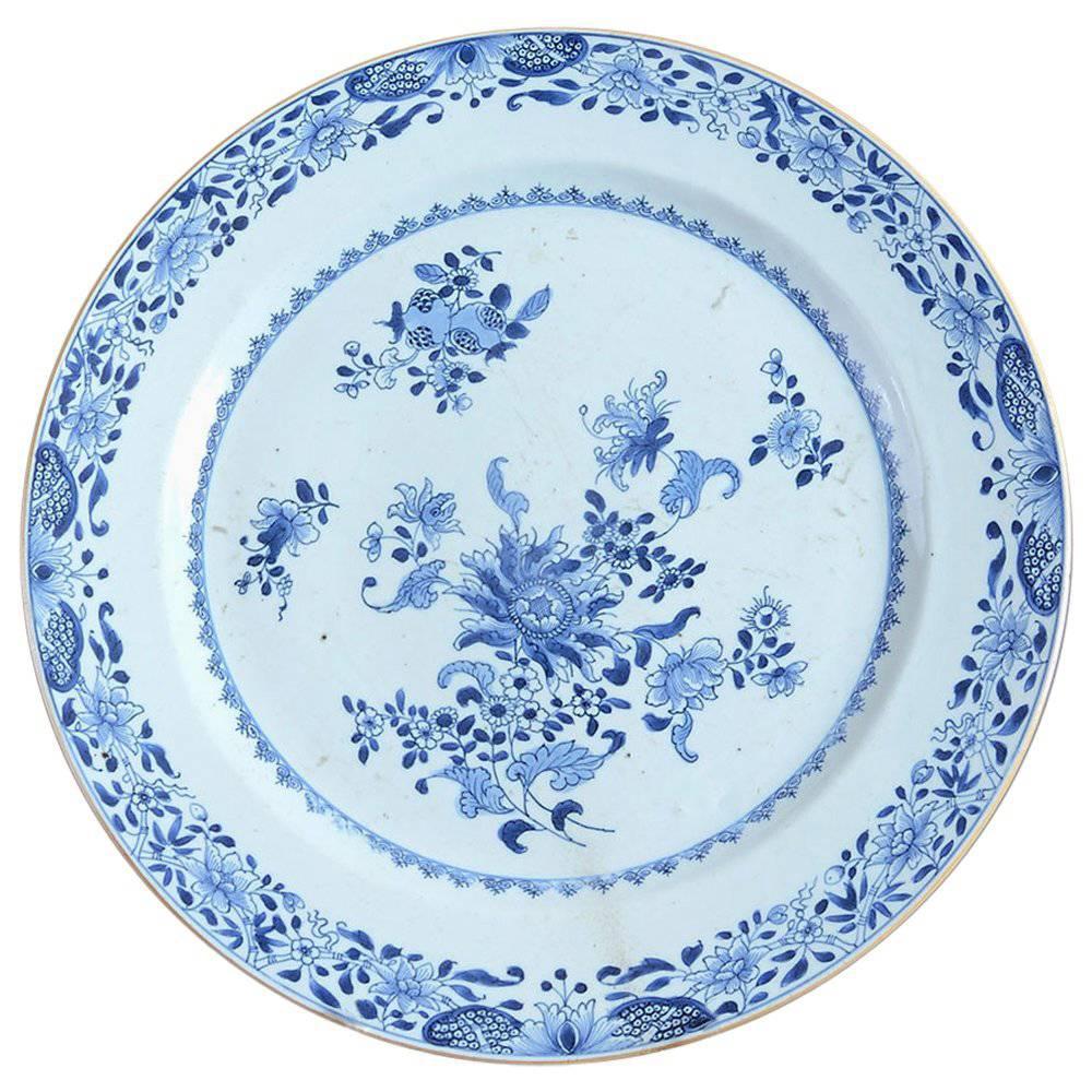 Large 18th Century Blue and White Qianlong Period Porcelain Charger Floral Plate