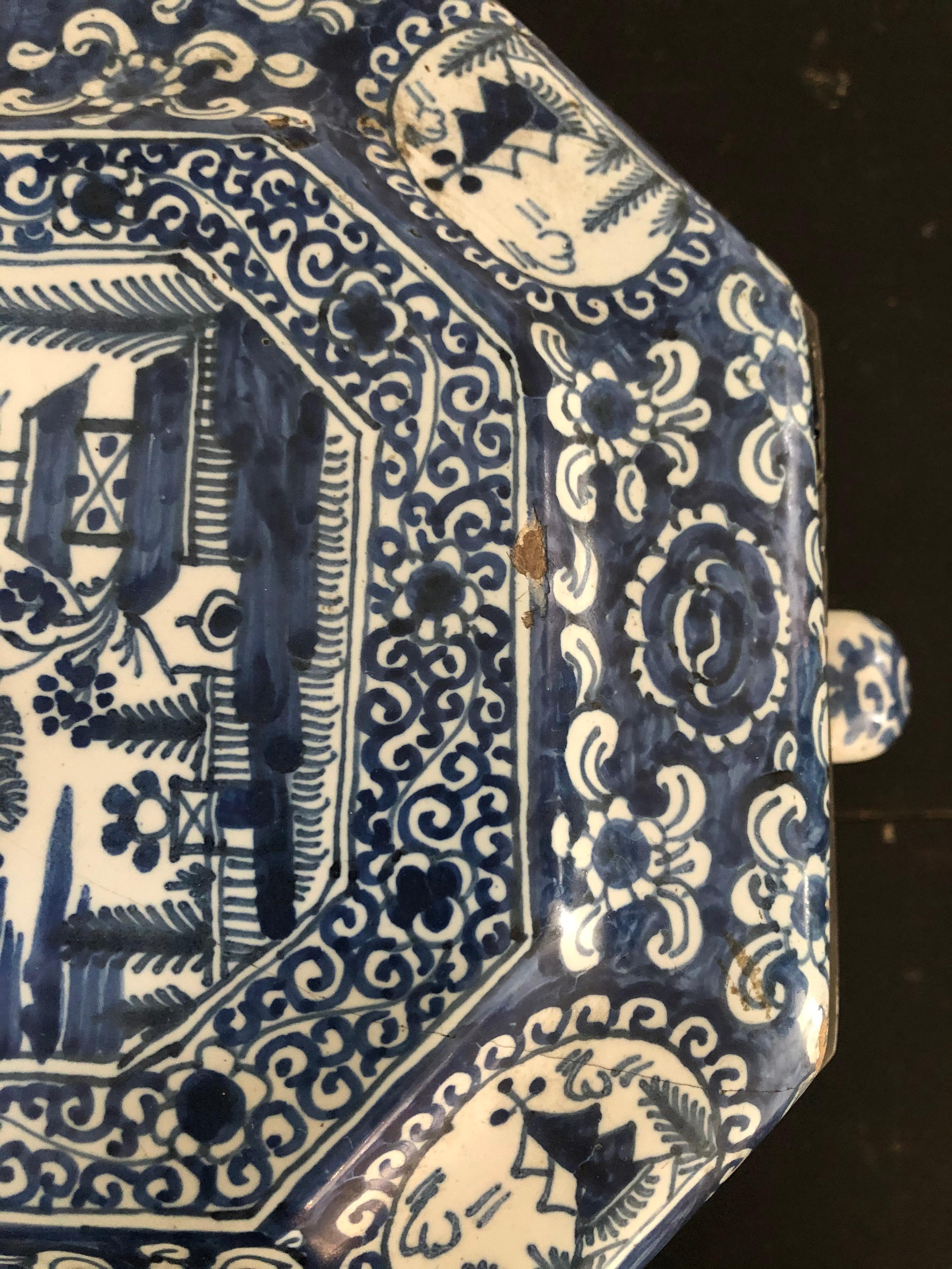 Large 18th Century Blue and White Delft Pottery Box with Pewter 2