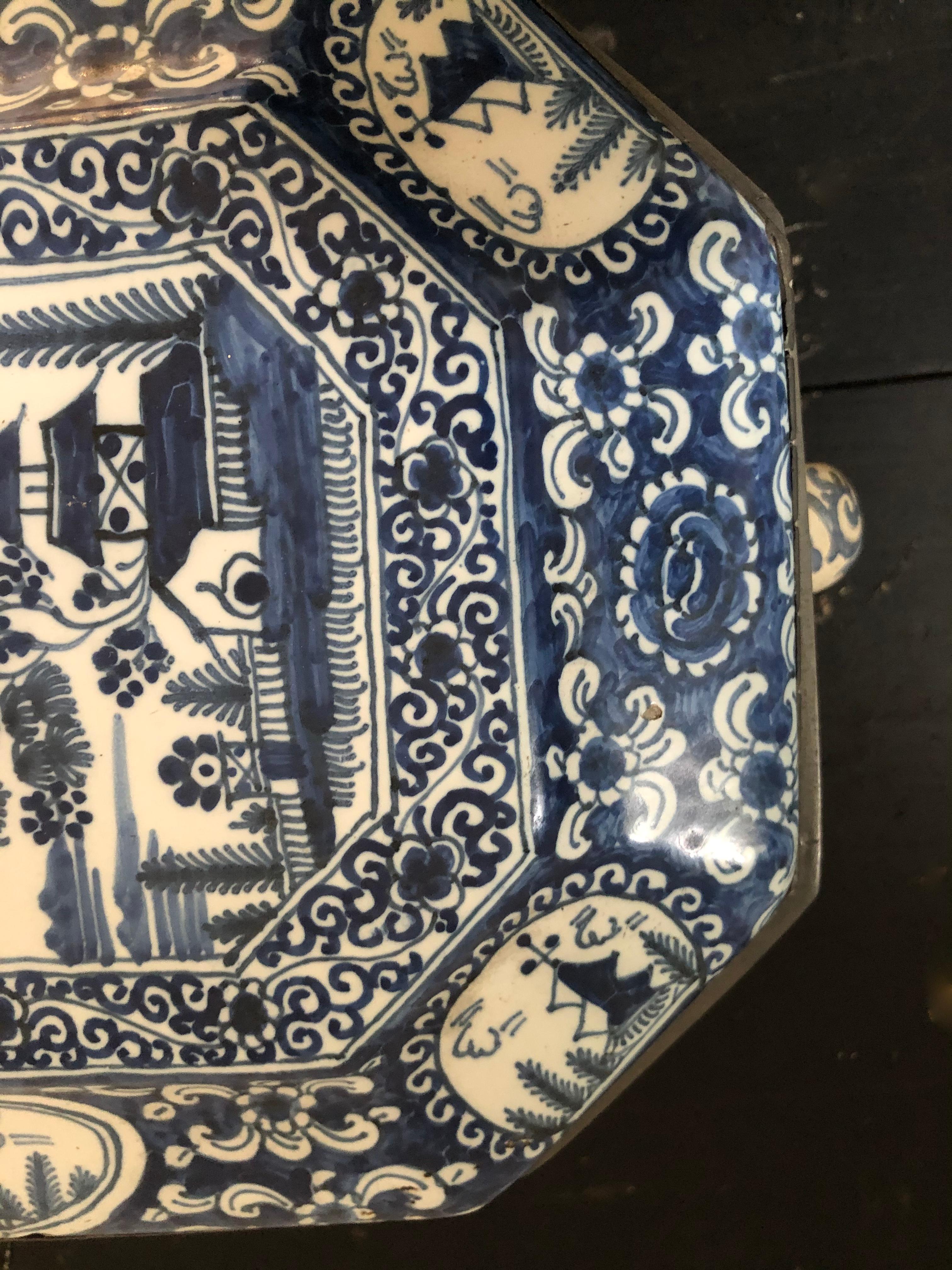 Large 18th Century Blue and White Delft Pottery Box with Pewter 4