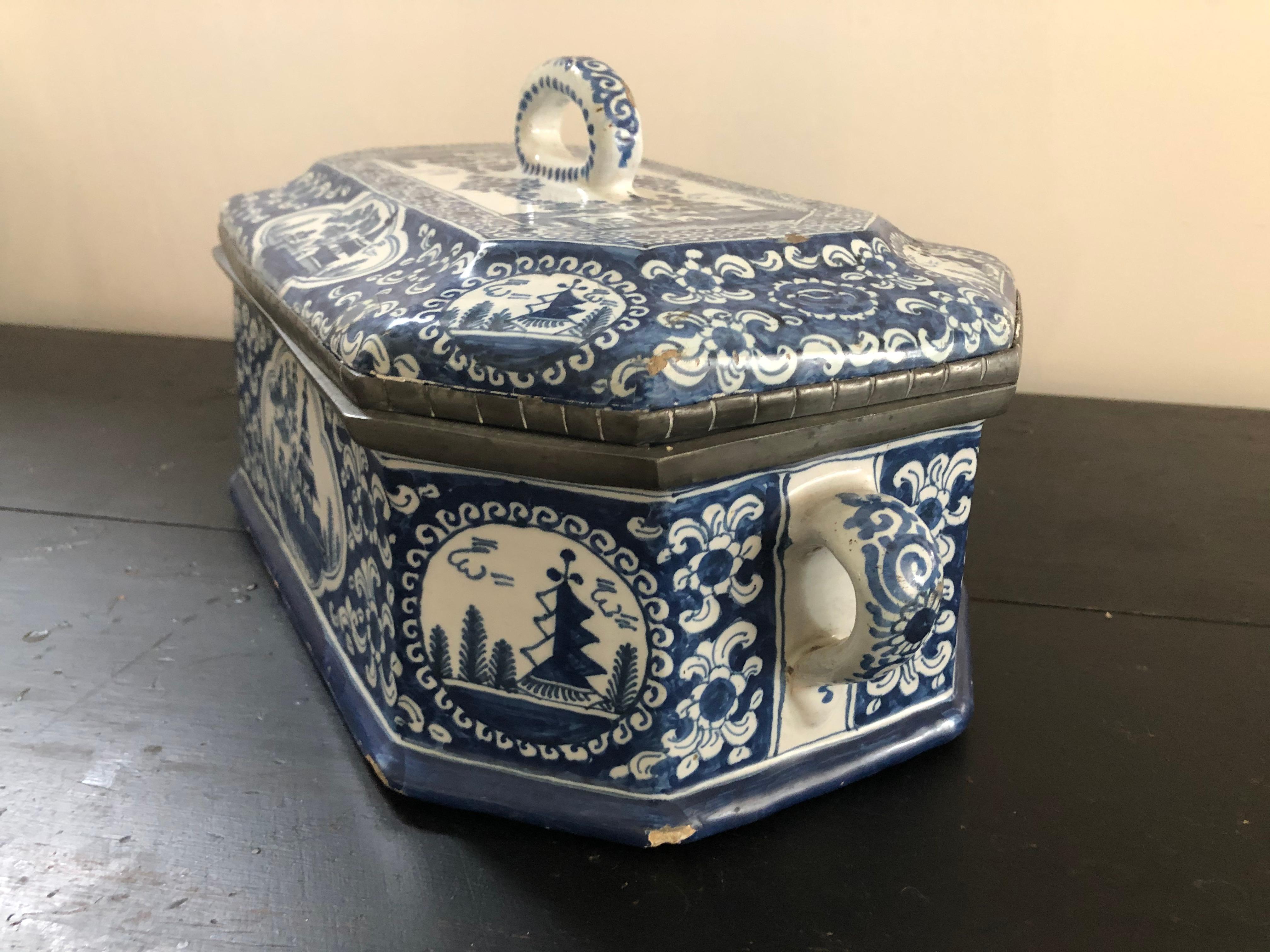 Baroque Large 18th Century Blue and White Delft Pottery Box with Pewter