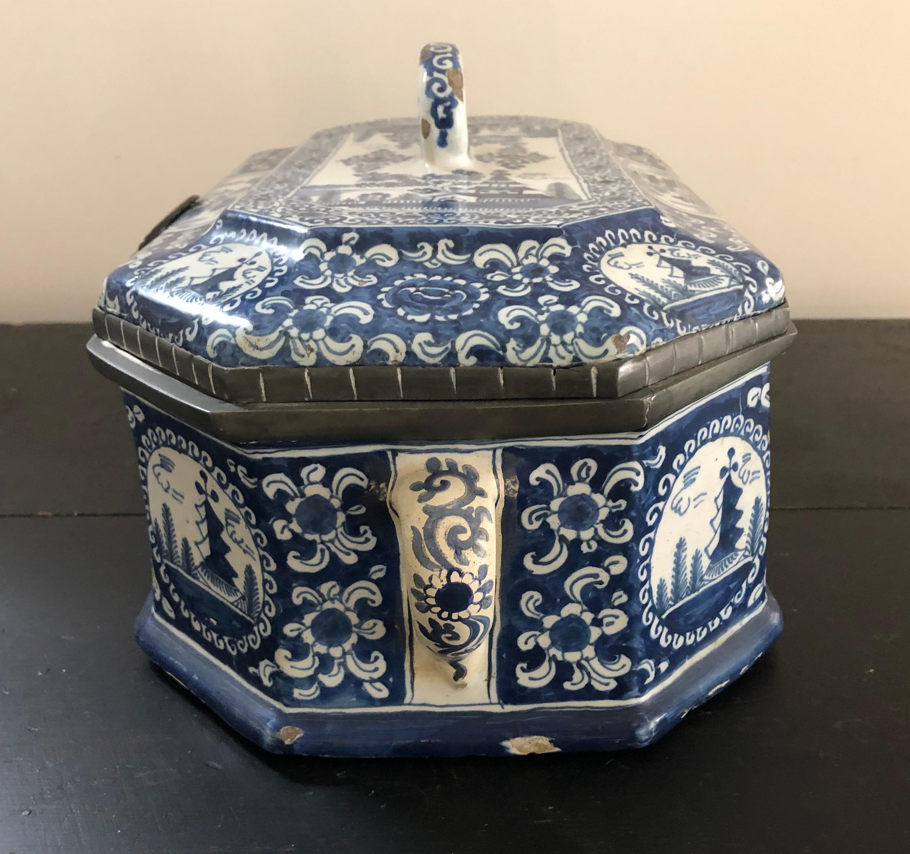 Dutch Large 18th Century Blue and White Delft Pottery Box with Pewter