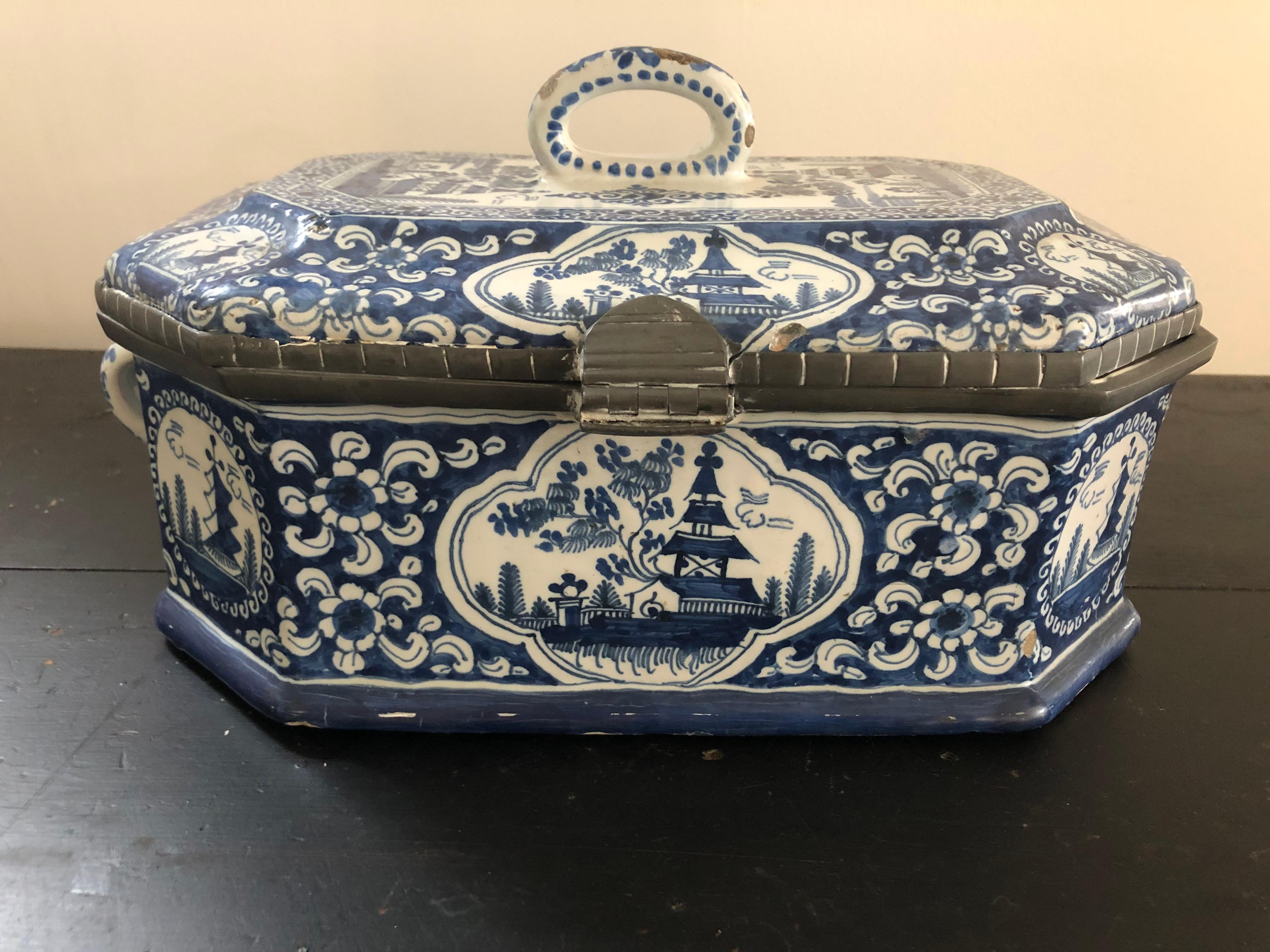 Glazed Large 18th Century Blue and White Delft Pottery Box with Pewter