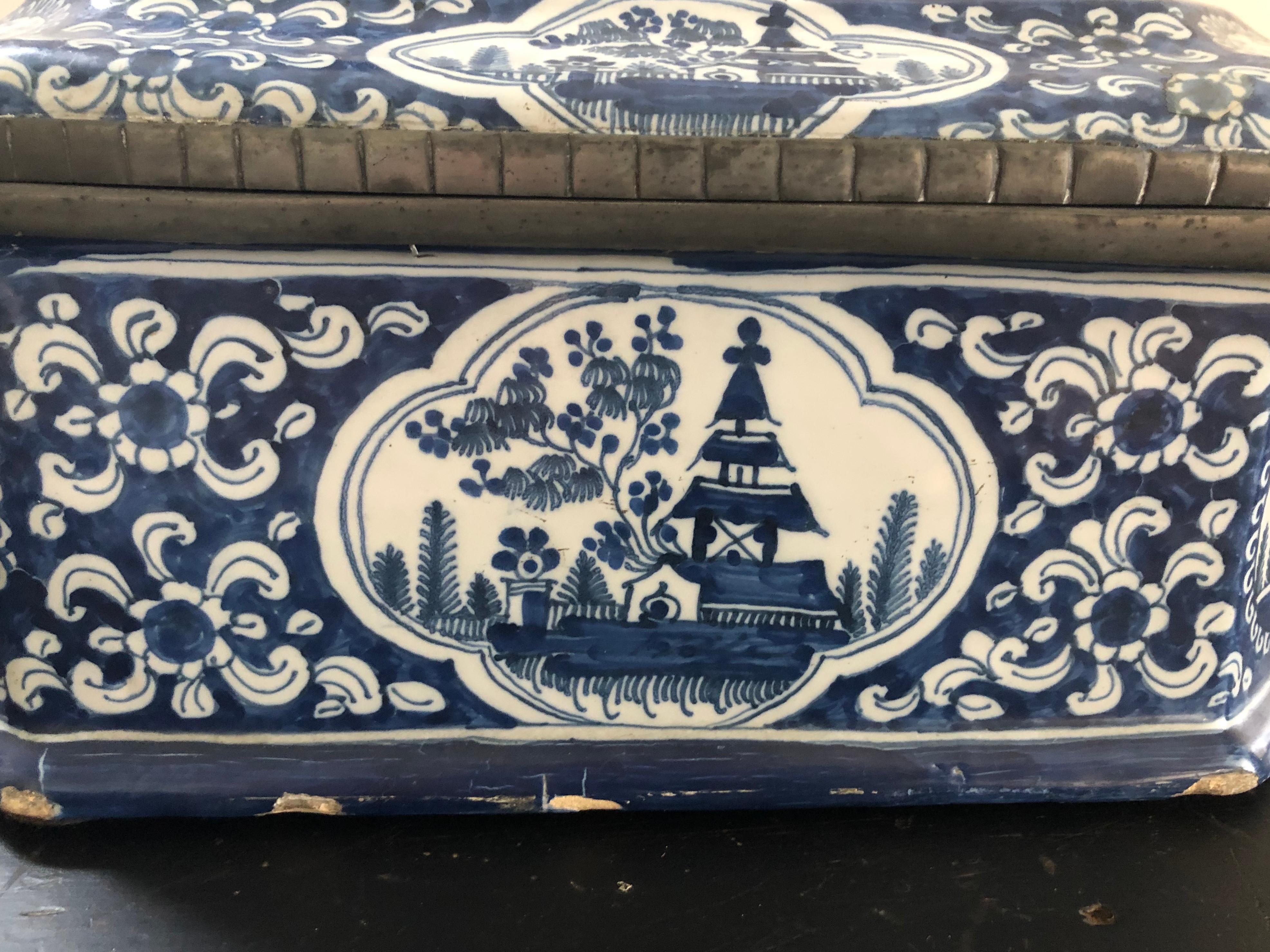 18th Century and Earlier Large 18th Century Blue and White Delft Pottery Box with Pewter